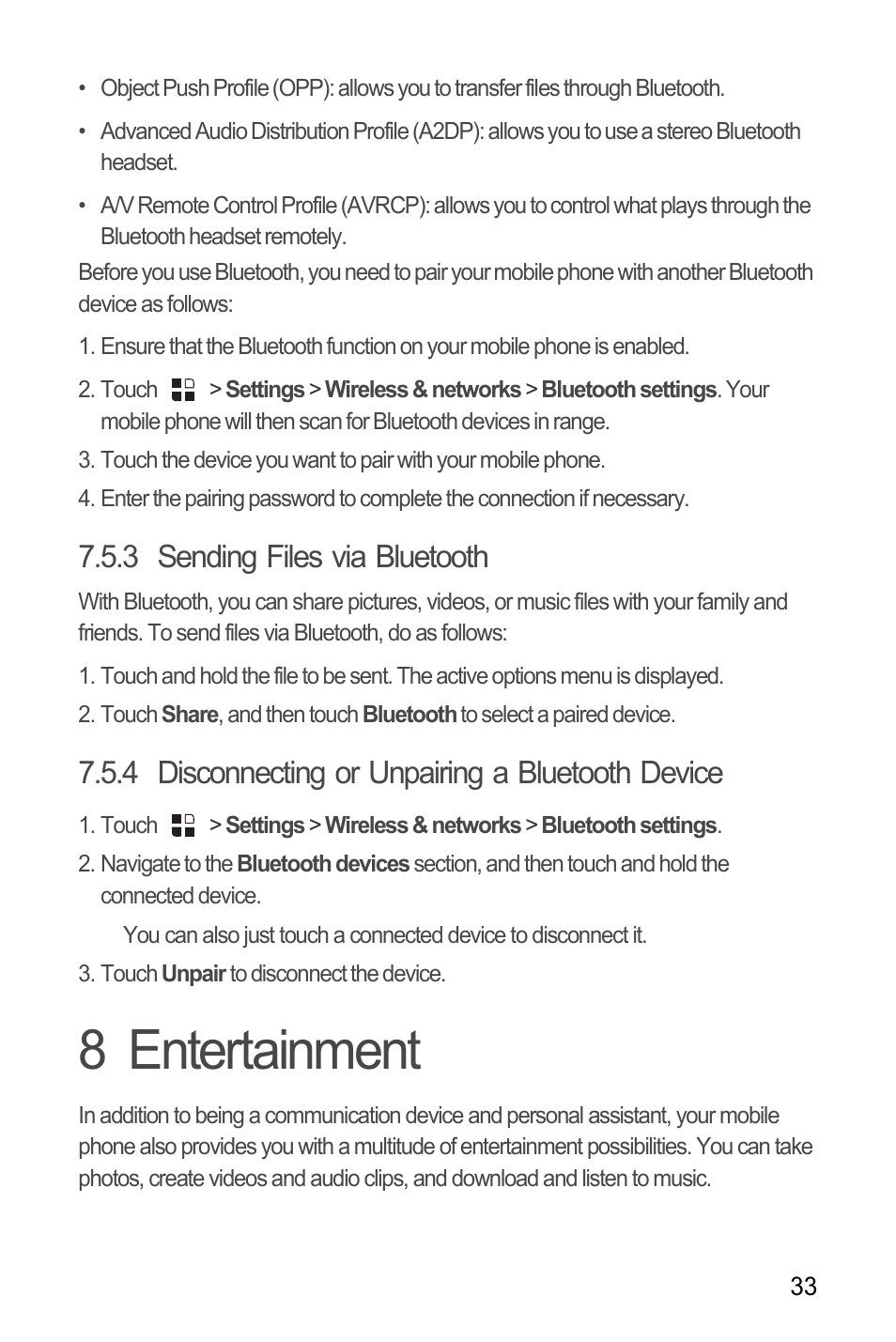3 sending files via bluetooth, 4 disconnecting or unpairing a bluetooth device, 8 entertainment | Huawei U8180 User Manual User Manual | Page 36 / 66