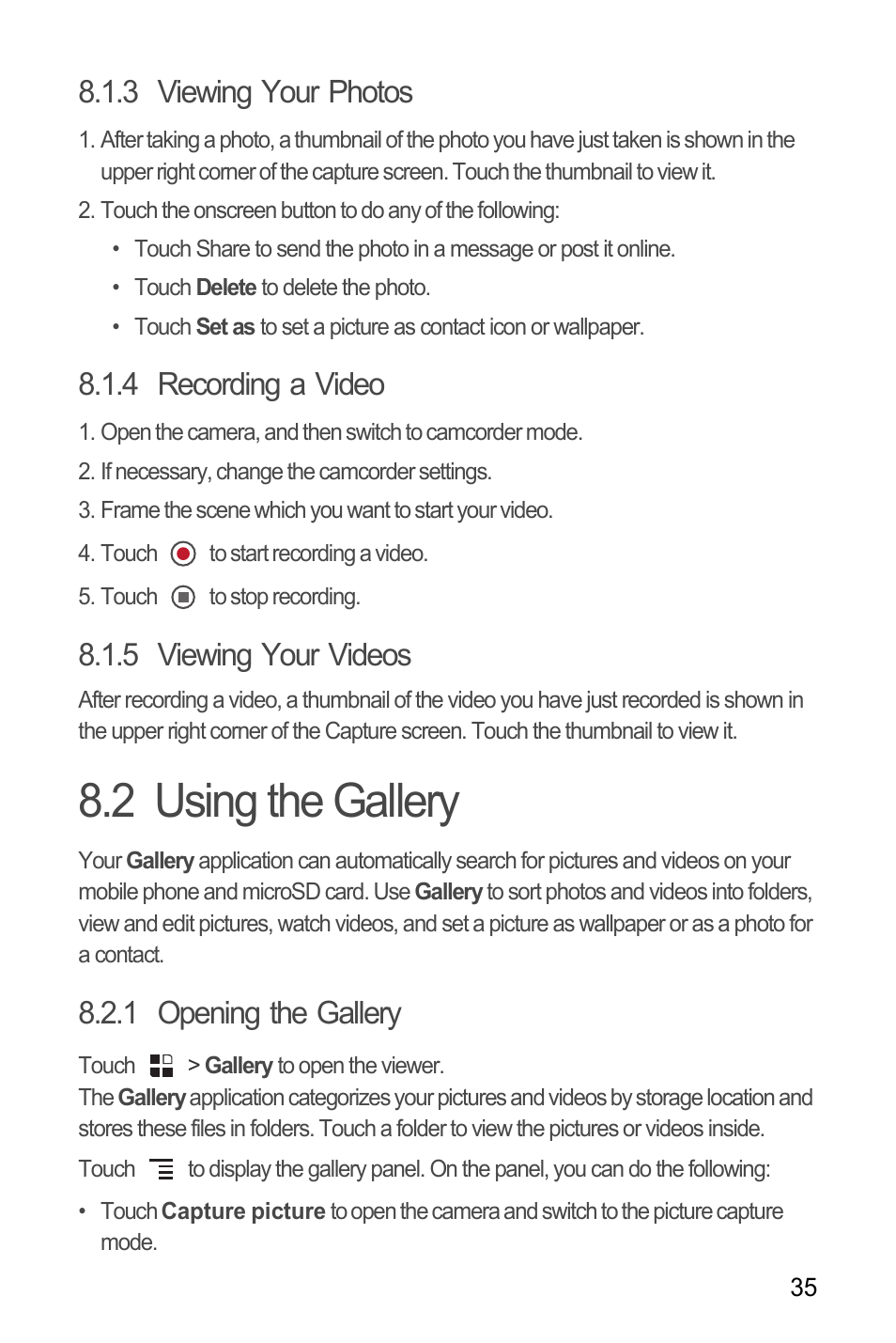 3 viewing your photos, 4 recording a video, 5 viewing your videos | 2 using the gallery, 1 opening the gallery | Huawei U8180 User Manual User Manual | Page 38 / 66