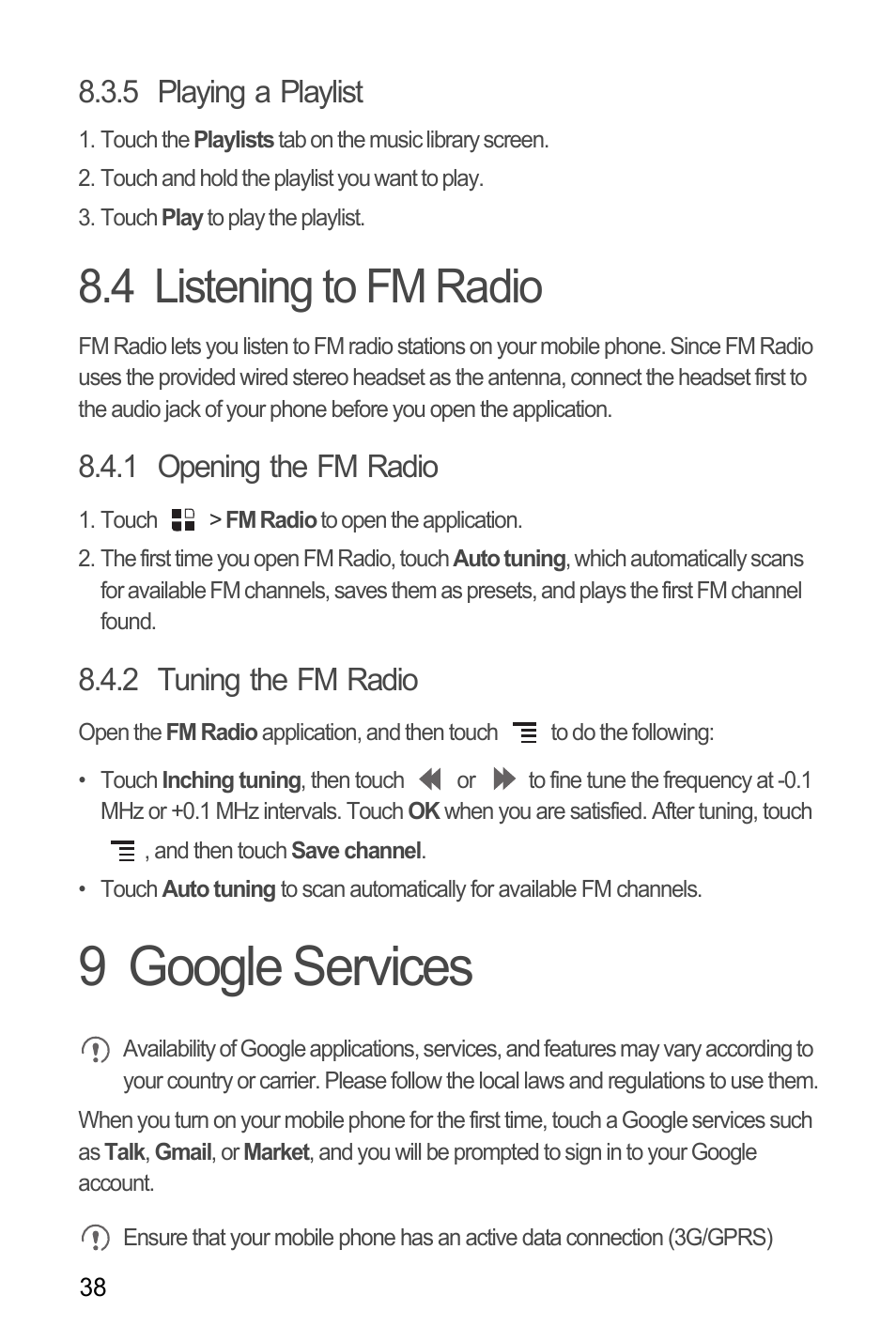 5 playing a playlist, 4 listening to fm radio, 1 opening the fm radio | 2 tuning the fm radio, 9 google services | Huawei U8180 User Manual User Manual | Page 41 / 66