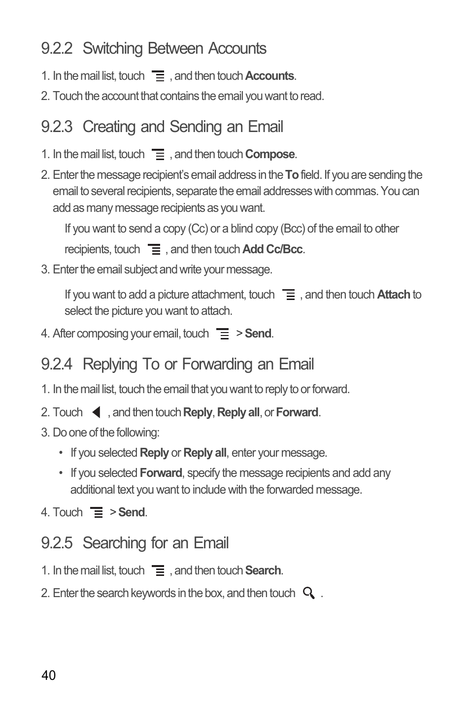 2 switching between accounts, 3 creating and sending an email, 4 replying to or forwarding an email | 5 searching for an email | Huawei U8180 User Manual User Manual | Page 43 / 66