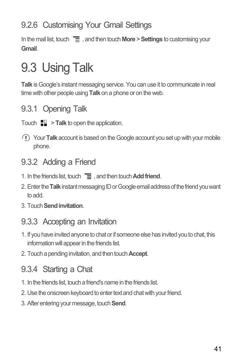 6 customising your gmail settings, 3 using talk, 1 opening talk | 2 adding a friend, 3 accepting an invitation, 4 starting a chat | Huawei U8180 User Manual User Manual | Page 44 / 66
