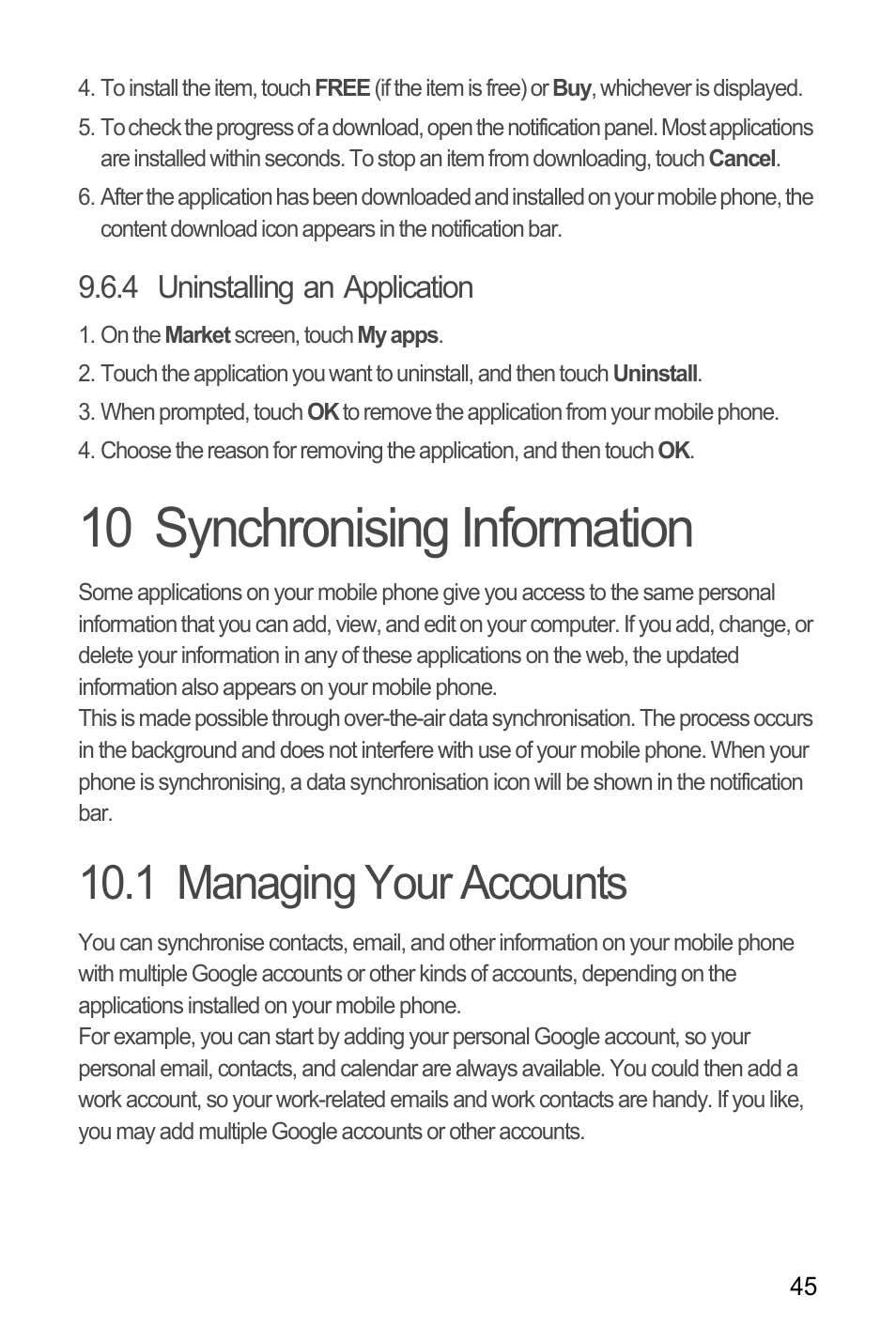 4 uninstalling an application, 10 synchronising information, 1 managing your accounts | Huawei U8180 User Manual User Manual | Page 48 / 66