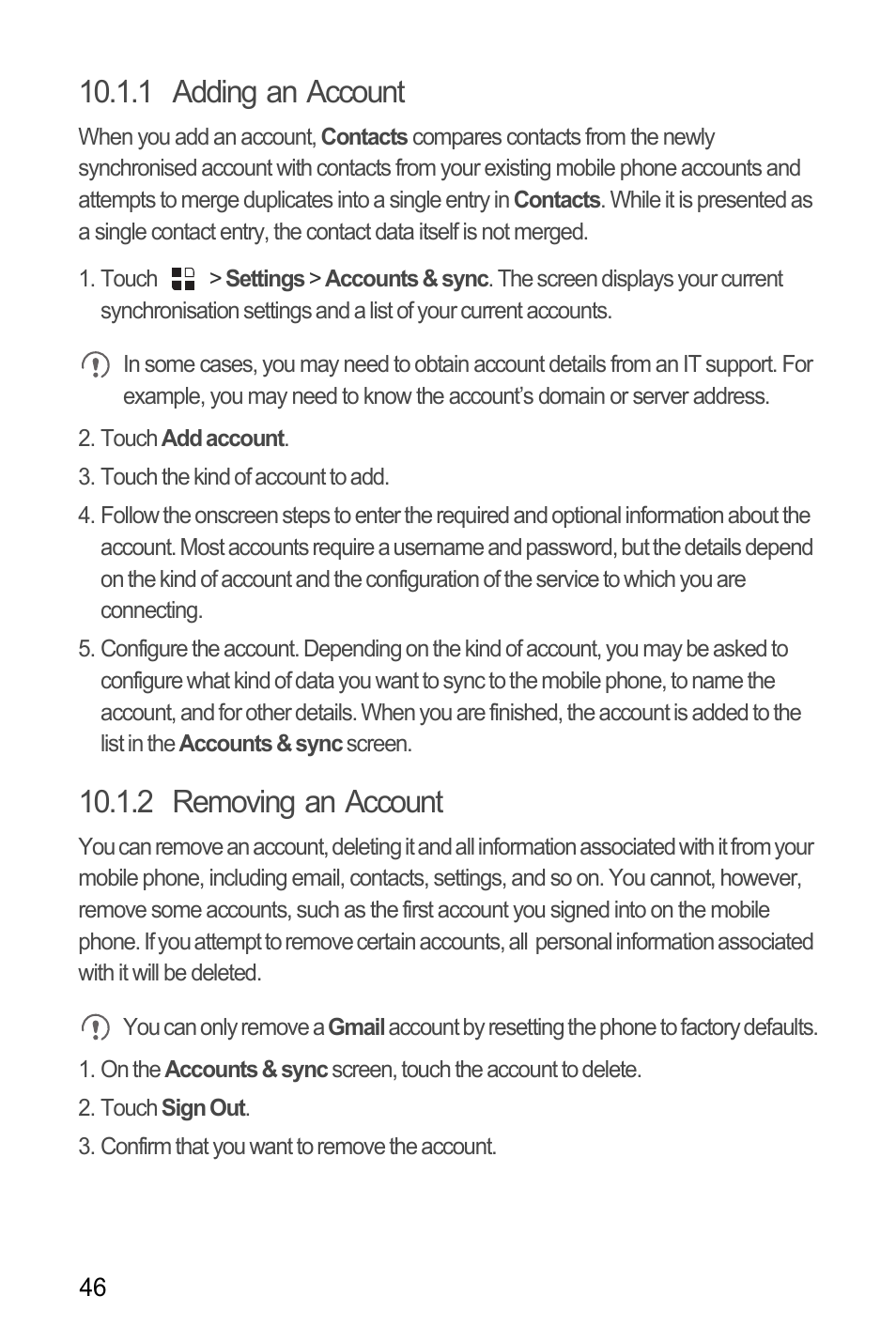 1 adding an account, 2 removing an account | Huawei U8180 User Manual User Manual | Page 49 / 66