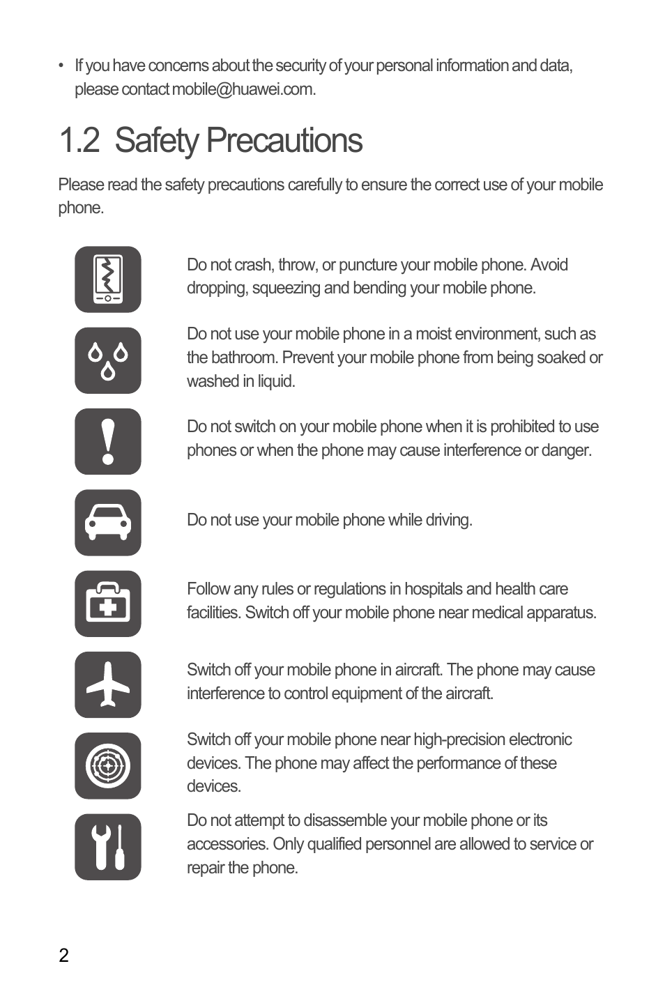 2 safety precautions | Huawei U8180 User Manual User Manual | Page 5 / 66