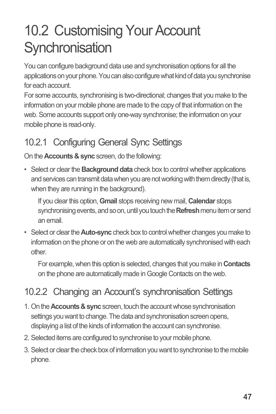 2 customising your account synchronisation, 1 configuring general sync settings, 2 changing an account’s synchronisation settings | Huawei U8180 User Manual User Manual | Page 50 / 66