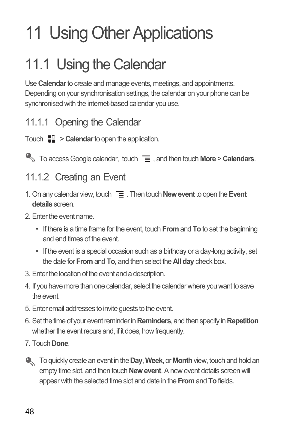 11 using other applications, 1 using the calendar, 1 opening the calendar | 2 creating an event, Using the calendar | Huawei U8180 User Manual User Manual | Page 51 / 66