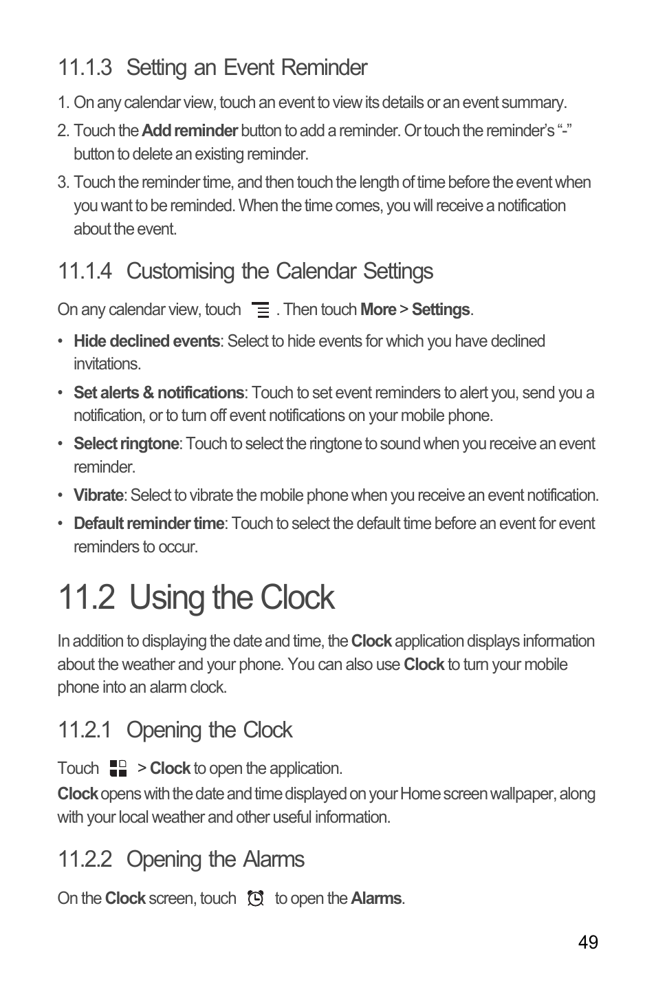 3 setting an event reminder, 4 customising the calendar settings, 2 using the clock | 1 opening the clock, 2 opening the alarms | Huawei U8180 User Manual User Manual | Page 52 / 66