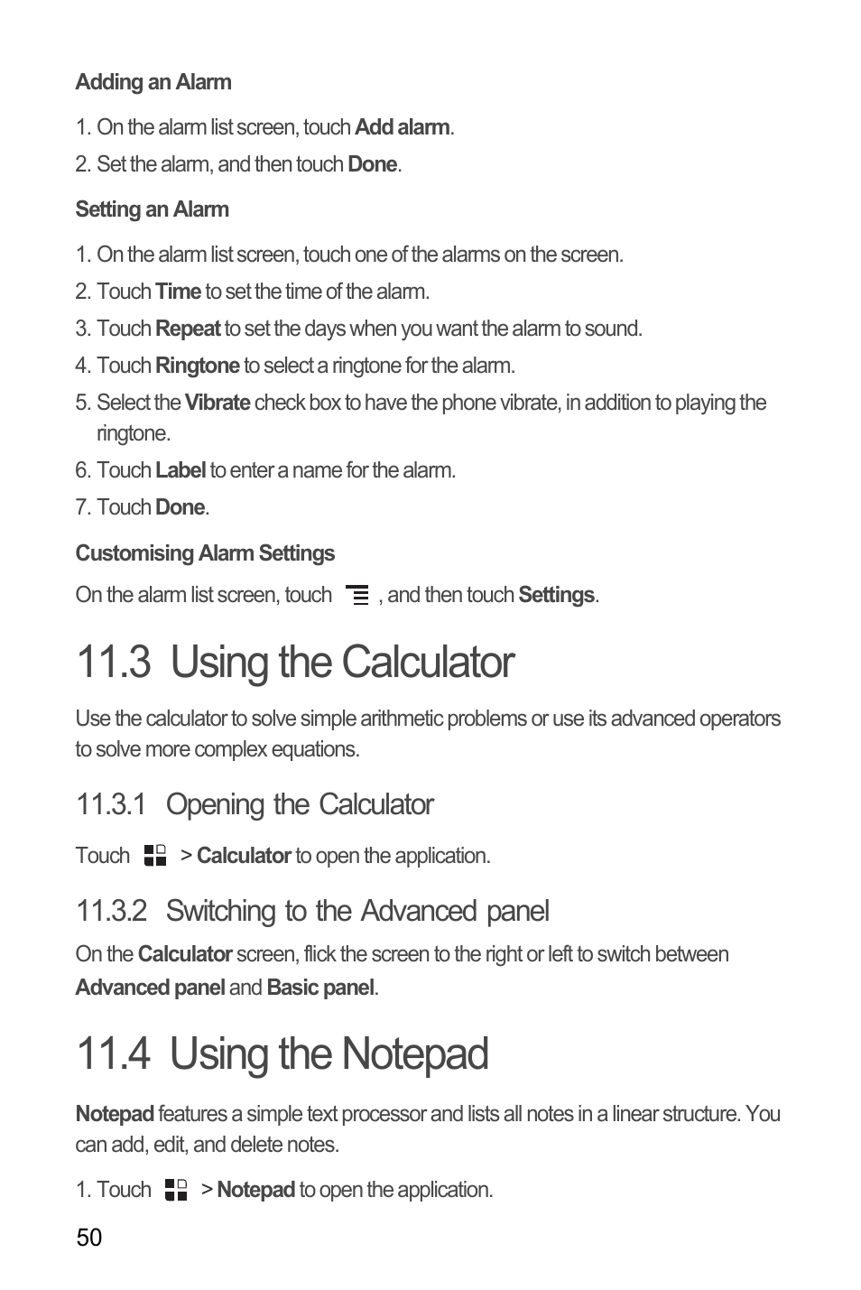 Adding an alarm, Setting an alarm, Customising alarm settings | 3 using the calculator, 1 opening the calculator, 2 switching to the advanced panel, 4 using the notepad, 3 using the calculator 11.4 using the notepad | Huawei U8180 User Manual User Manual | Page 53 / 66