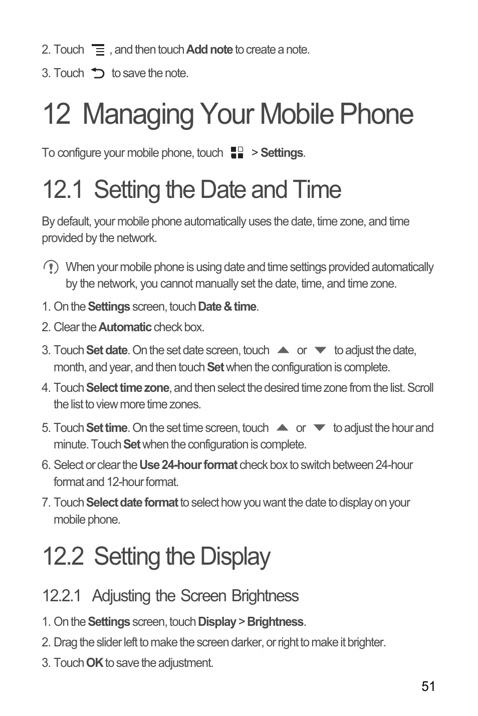 12 managing your mobile phone, 1 setting the date and time, 2 setting the display | 1 adjusting the screen brightness | Huawei U8180 User Manual User Manual | Page 54 / 66