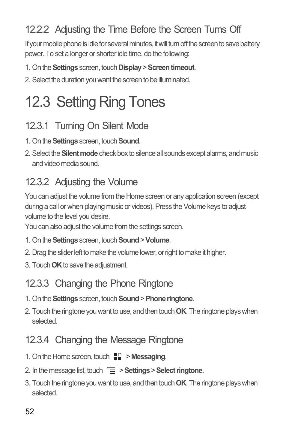 2 adjusting the time before the screen turns off, 3 setting ring tones, 1 turning on silent mode | 2 adjusting the volume, 3 changing the phone ringtone, 4 changing the message ringtone | Huawei U8180 User Manual User Manual | Page 55 / 66