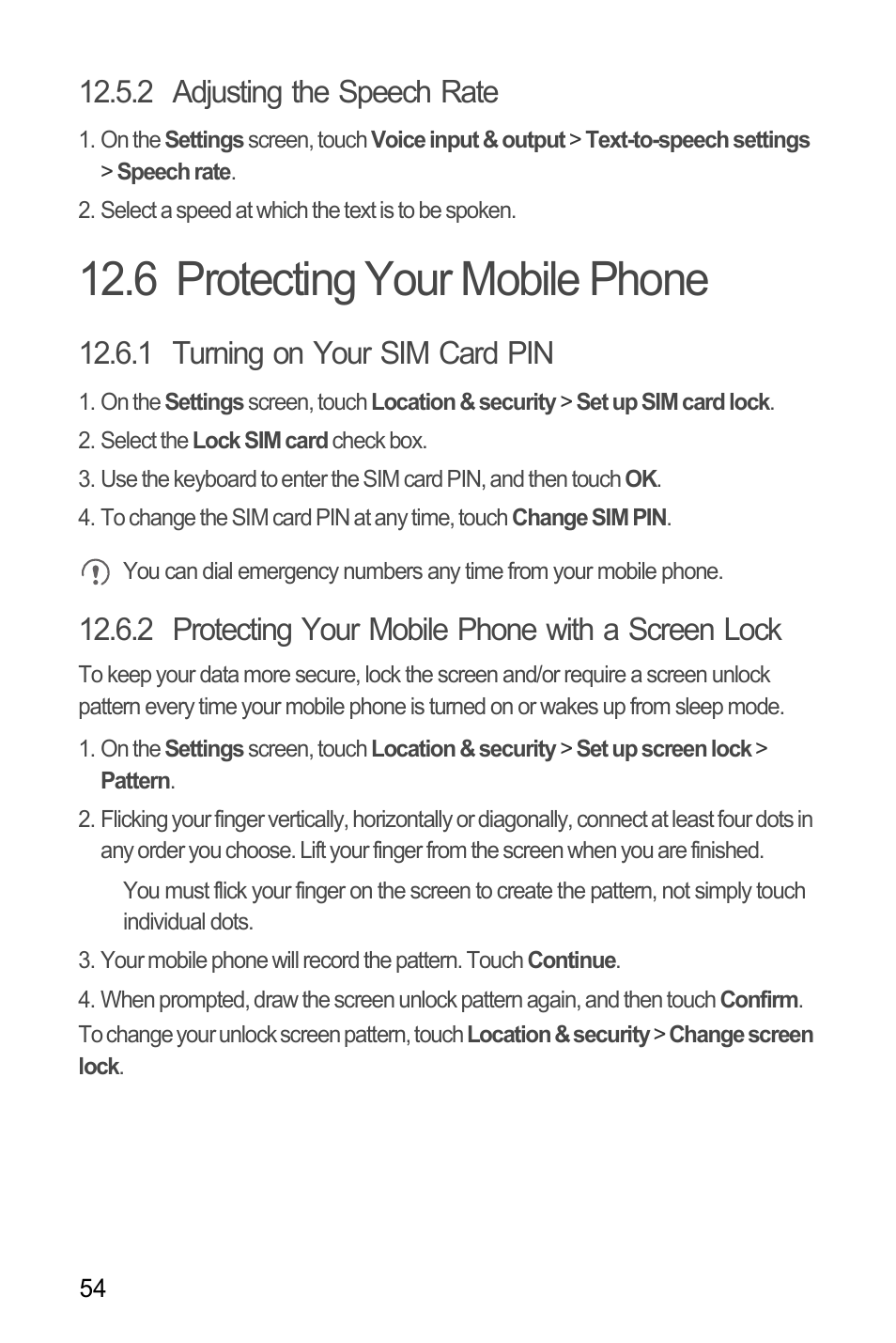 2 adjusting the speech rate, 6 protecting your mobile phone, 1 turning on your sim card pin | 2 protecting your mobile phone with a screen lock | Huawei U8180 User Manual User Manual | Page 57 / 66