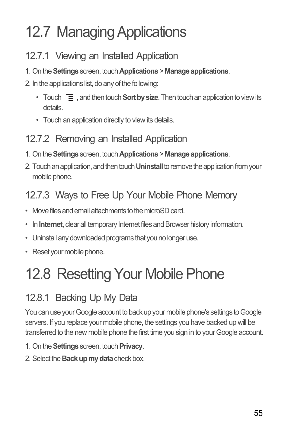 7 managing applications, 1 viewing an installed application, 2 removing an installed application | 3 ways to free up your mobile phone memory, 8 resetting your mobile phone, 1 backing up my data | Huawei U8180 User Manual User Manual | Page 58 / 66