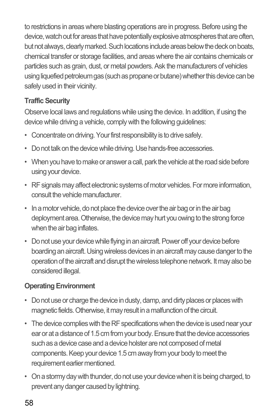 Traffic security, Operating environment | Huawei U8180 User Manual User Manual | Page 61 / 66