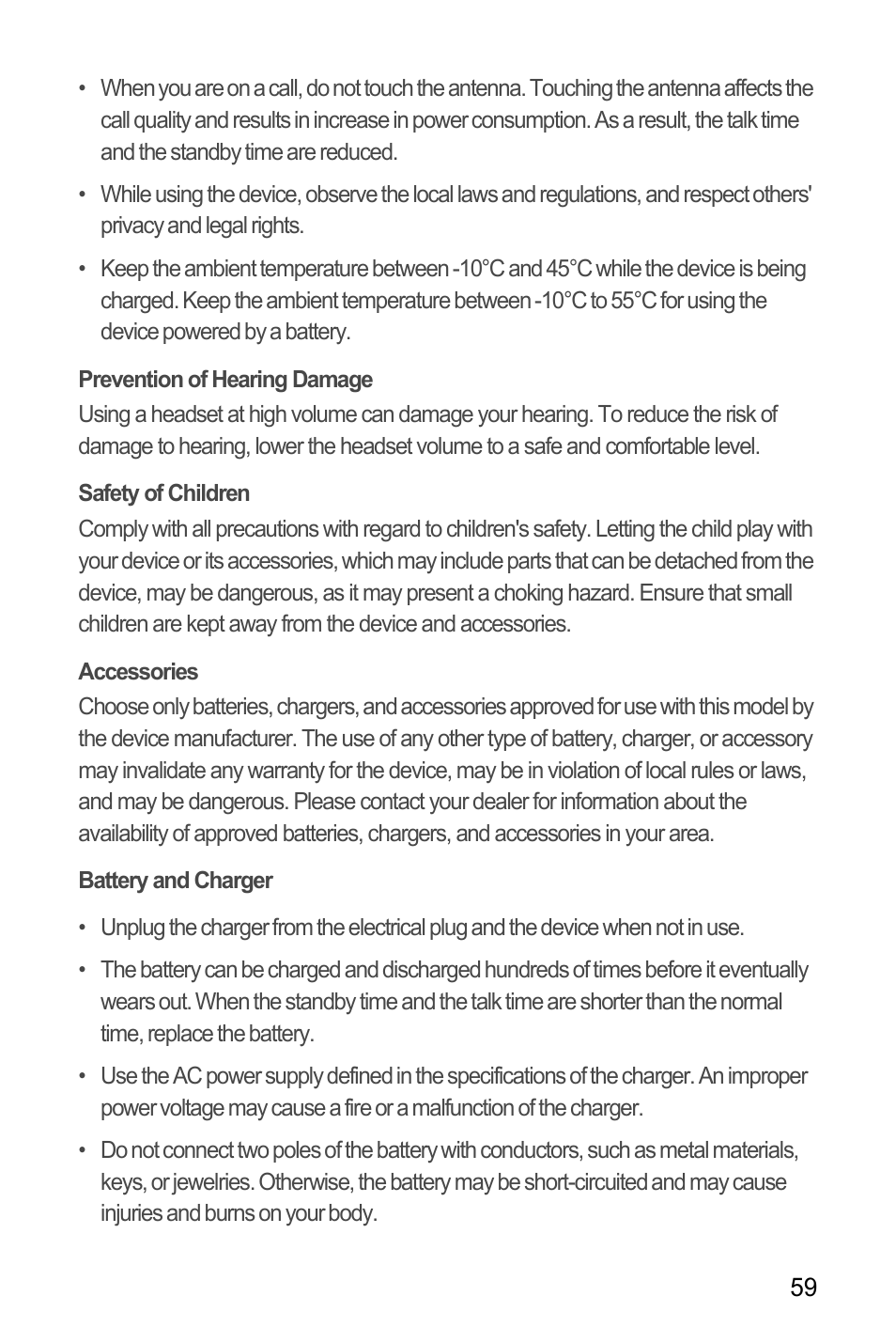 Prevention of hearing damage, Safety of children, Accessories | Battery and charger | Huawei U8180 User Manual User Manual | Page 62 / 66