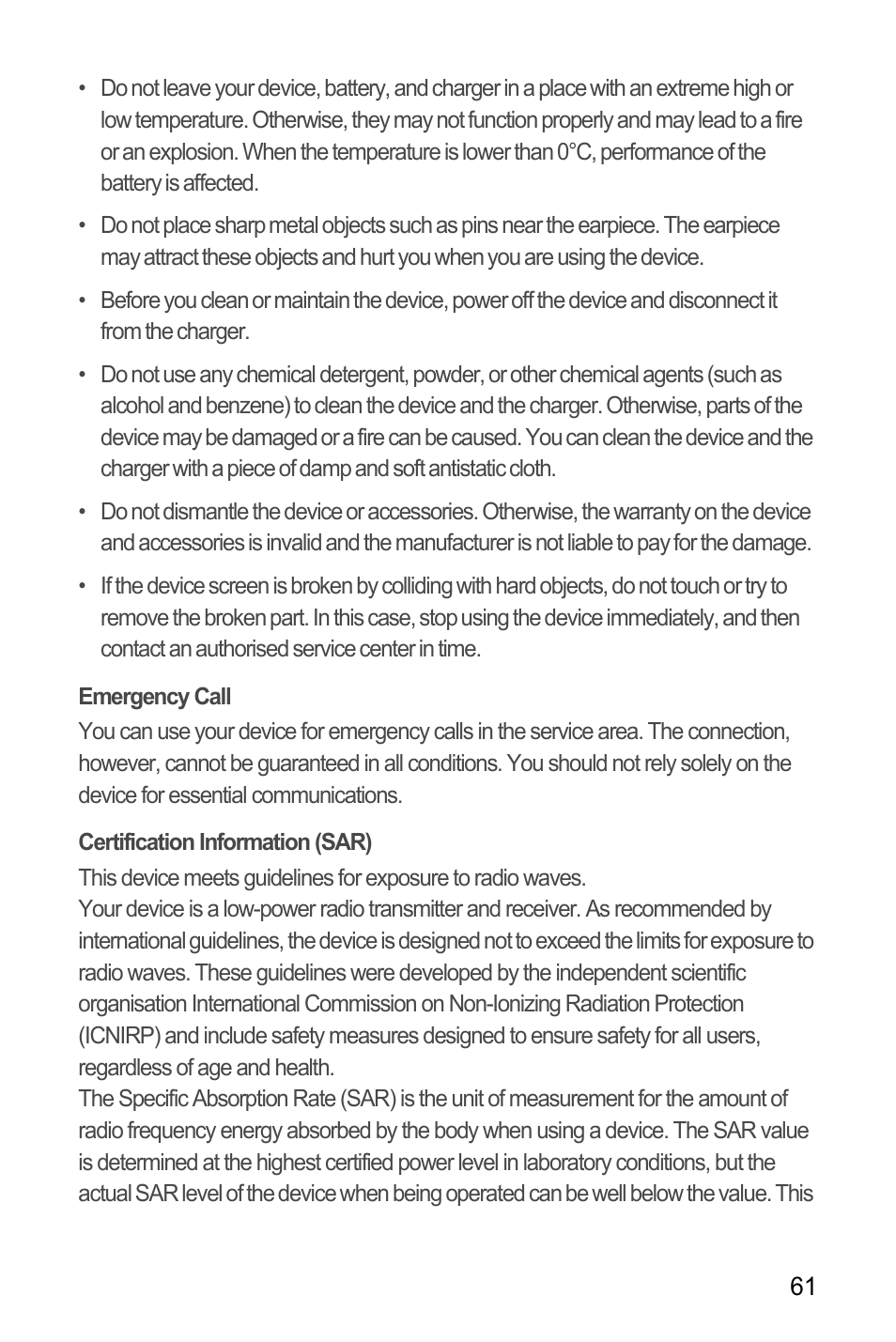 Emergency call, Certification information (sar) | Huawei U8180 User Manual User Manual | Page 64 / 66