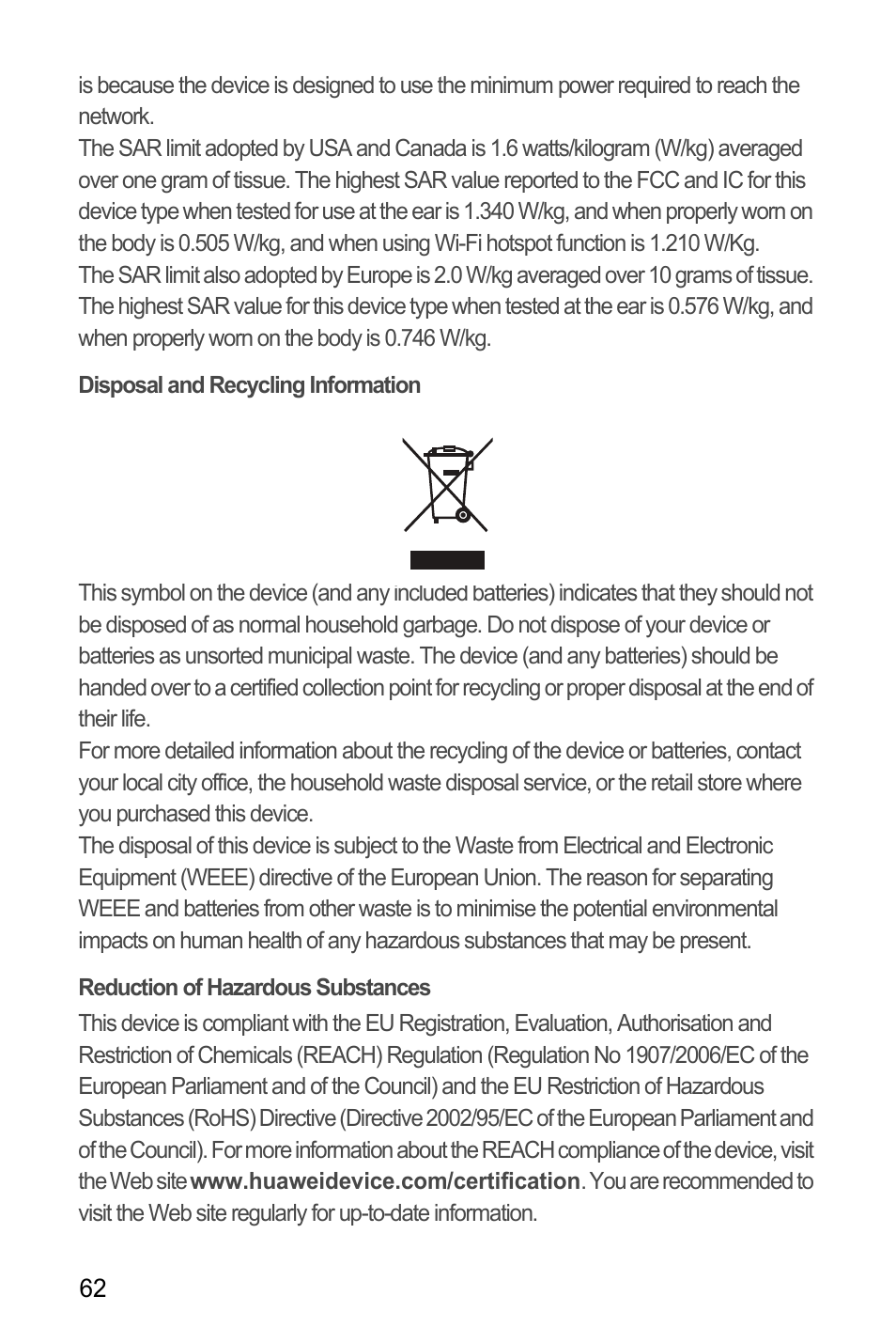 Disposal and recycling information, Reduction of hazardous substances | Huawei U8180 User Manual User Manual | Page 65 / 66