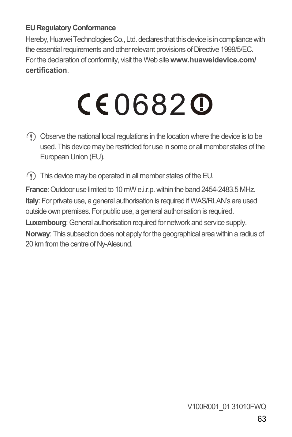 Eu regulatory conformance | Huawei U8180 User Manual User Manual | Page 66 / 66