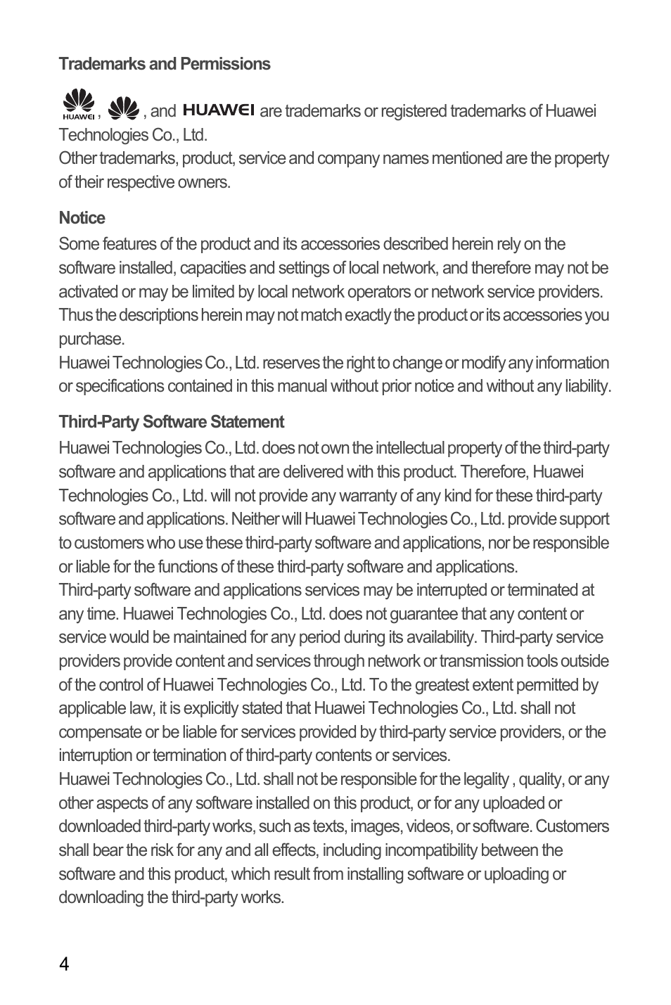 Trademarks and permissions, Notice, Third-party software statement | Huawei U8180 User Manual User Manual | Page 7 / 66