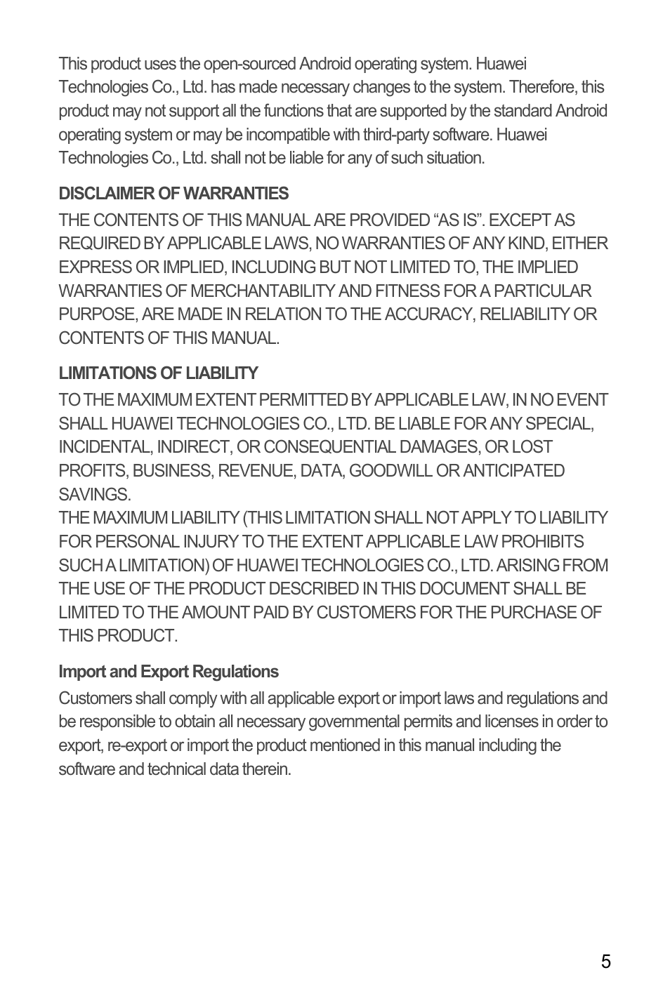 Disclaimer of warranties, Limitations of liability, Import and export regulations | Huawei U8180 User Manual User Manual | Page 8 / 66
