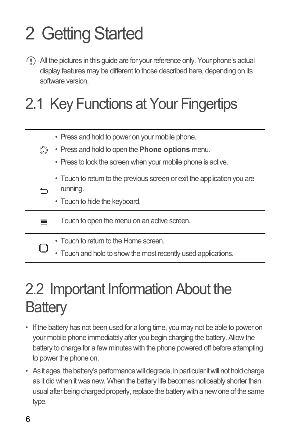 2 getting started, 1 key functions at your fingertips, 2 important information about the battery | Huawei Ascend Y100 User Manual | Page 10 / 75