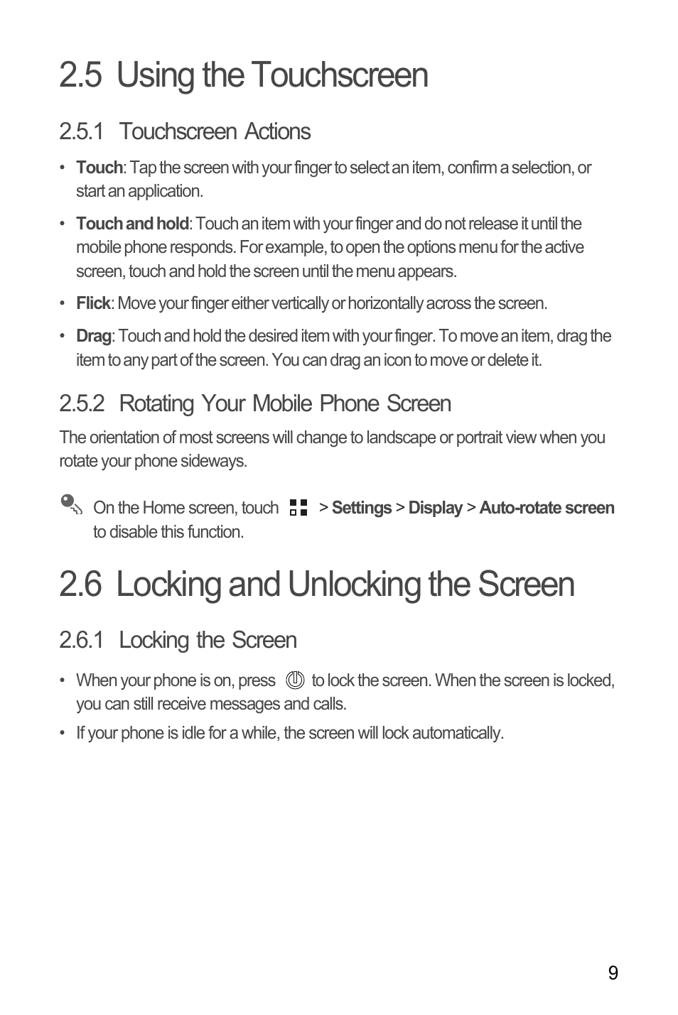 5 using the touchscreen, 1 touchscreen actions, 2 rotating your mobile phone screen | 6 locking and unlocking the screen, 1 locking the screen | Huawei Ascend Y100 User Manual | Page 13 / 75