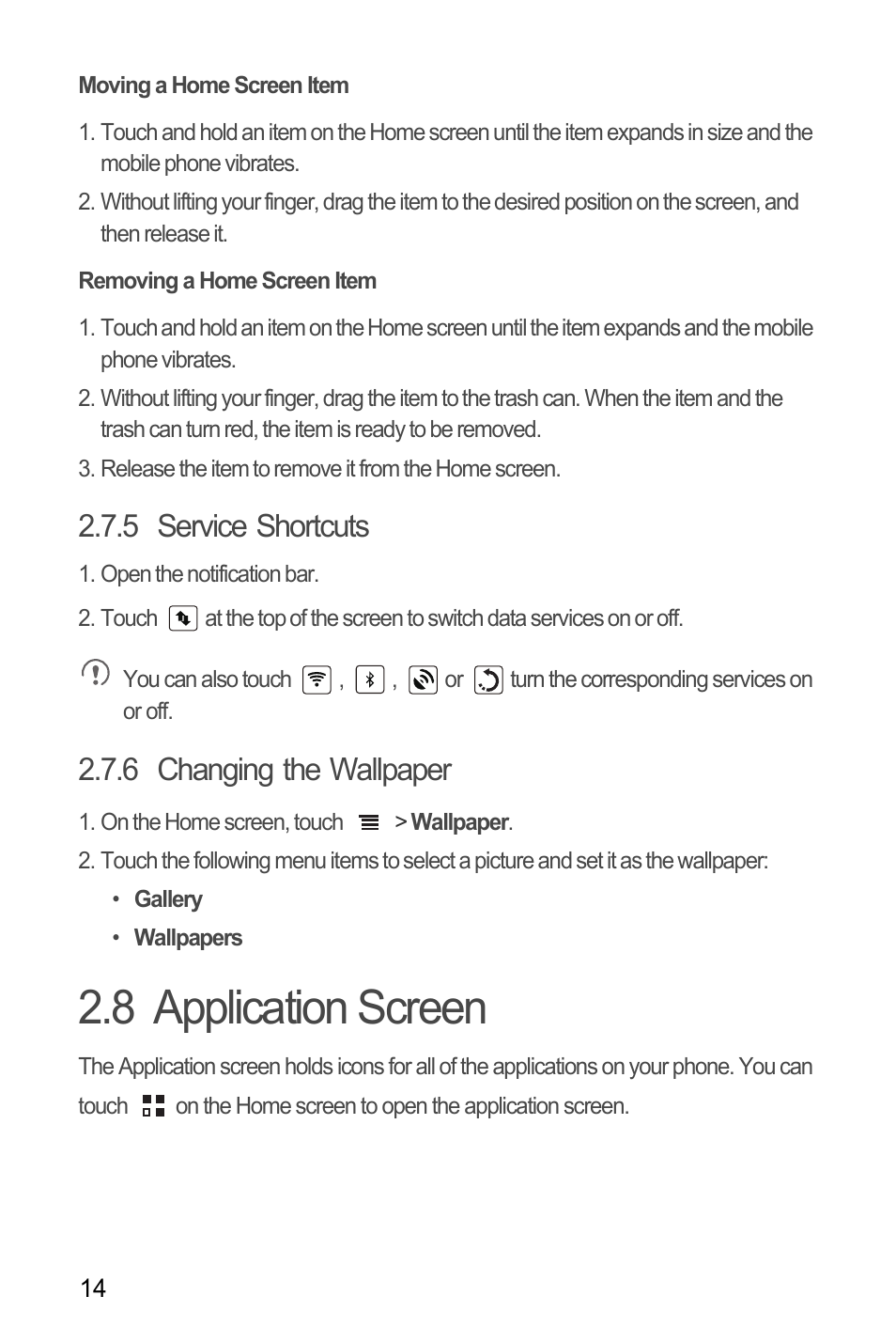 Moving a home screen item, Removing a home screen item, 5 service shortcuts | 6 changing the wallpaper, 8 application screen | Huawei Ascend Y100 User Manual | Page 18 / 75