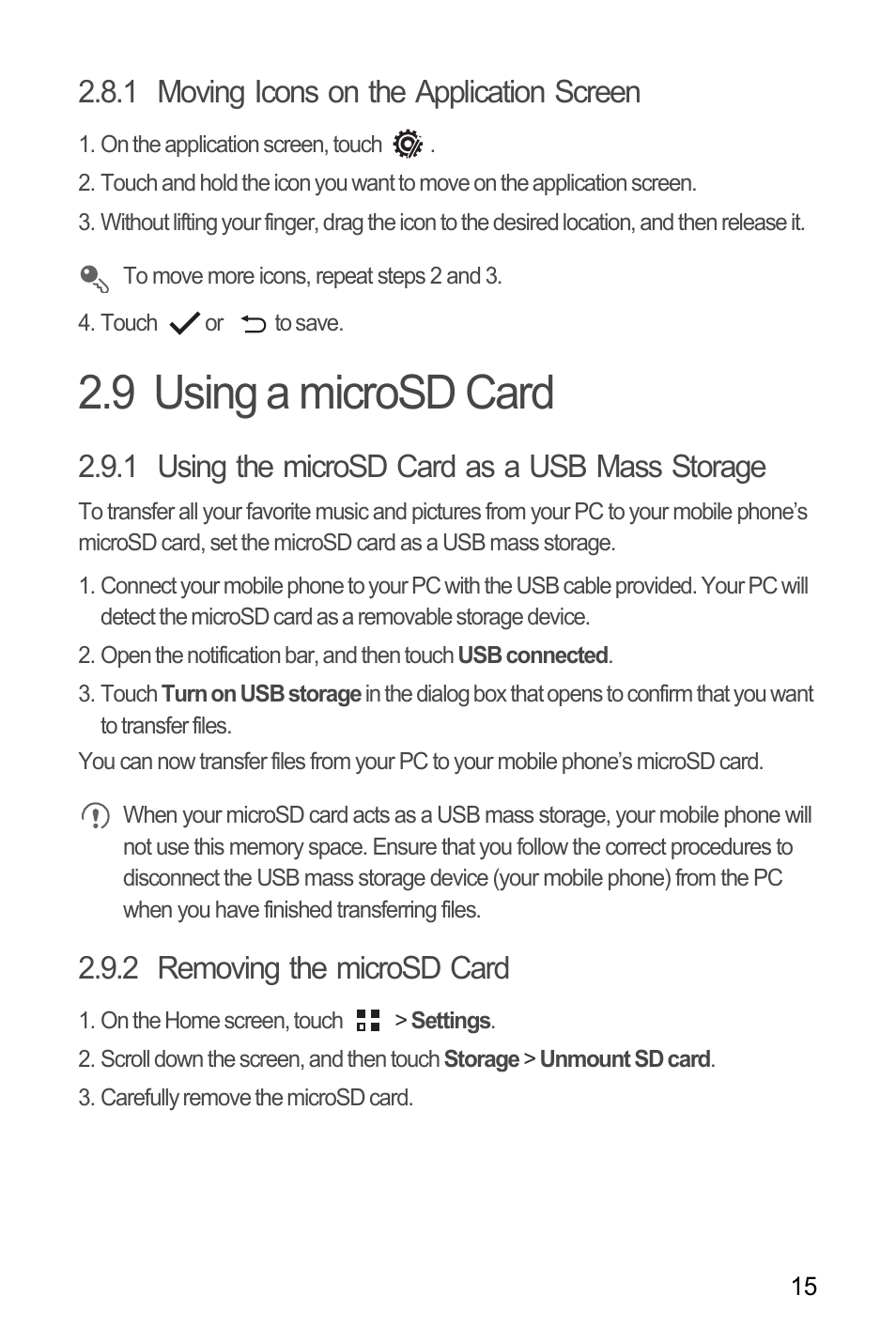 1 moving icons on the application screen, 9 using a microsd card, 1 using the microsd card as a usb mass storage | 2 removing the microsd card | Huawei Ascend Y100 User Manual | Page 19 / 75