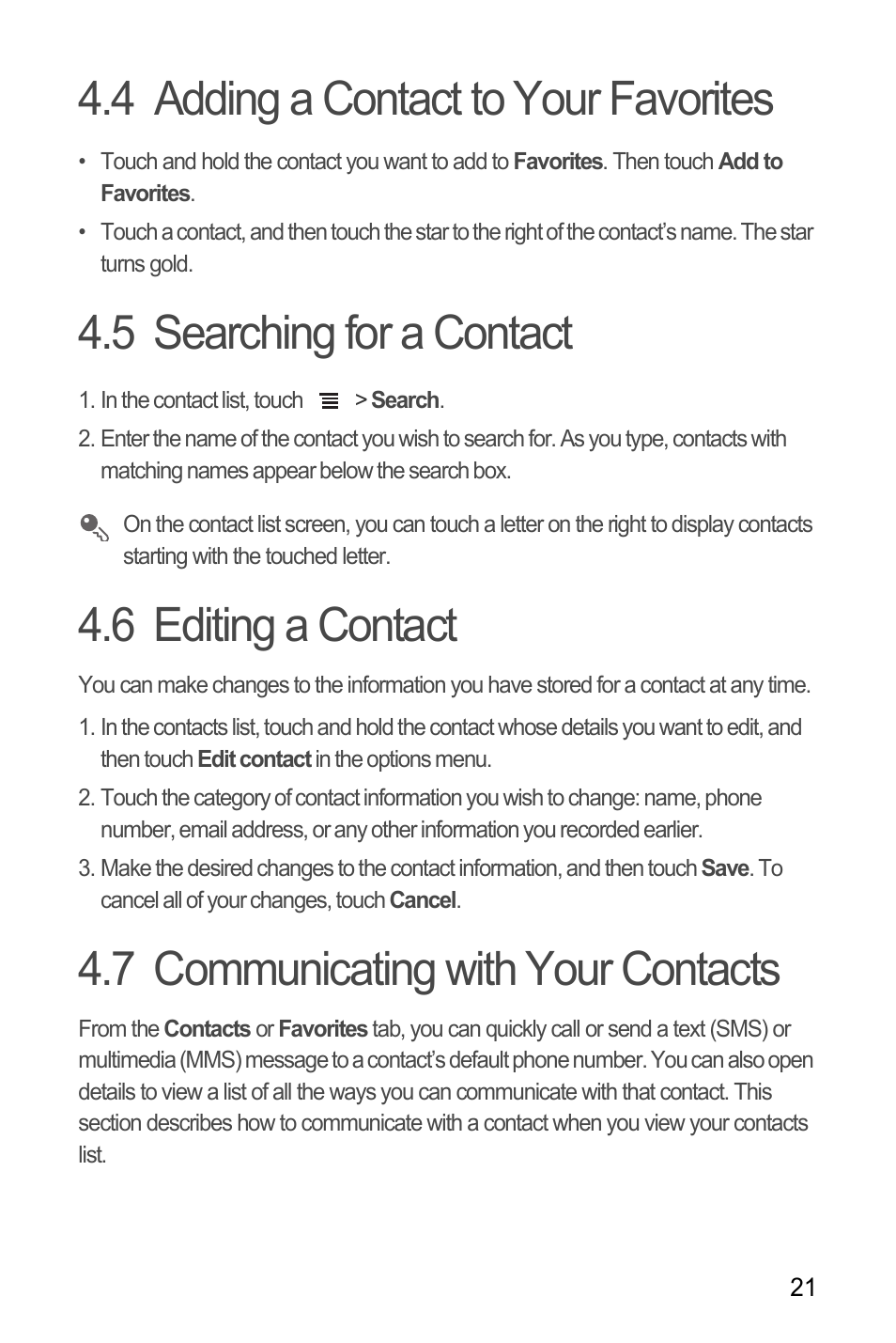 4 adding a contact to your favorites, 5 searching for a contact, 6 editing a contact | 7 communicating with your contacts, Communicating with your contacts | Huawei Ascend Y100 User Manual | Page 25 / 75