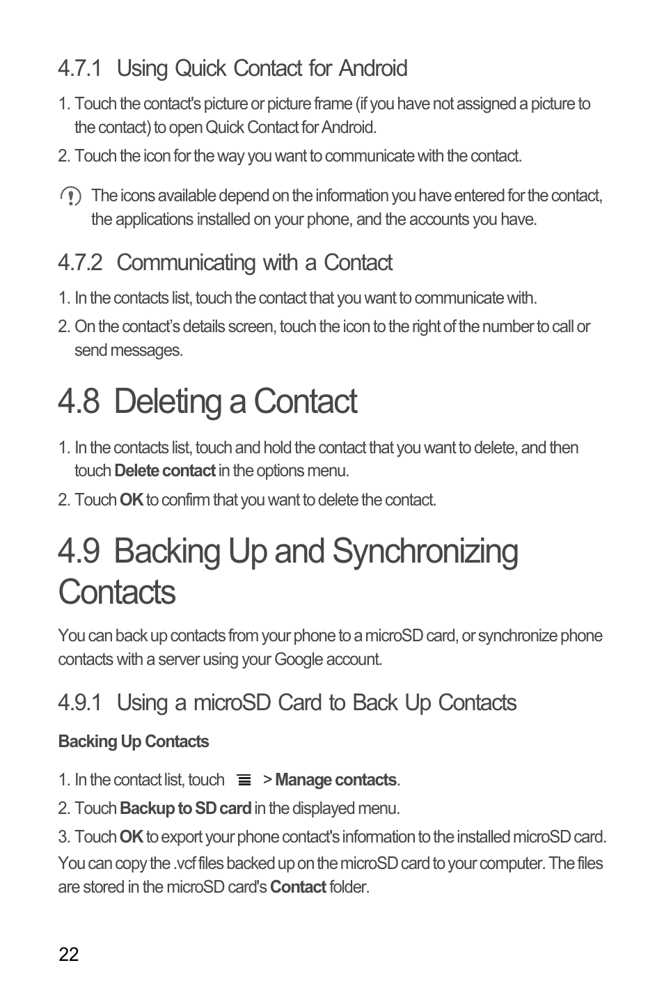 1 using quick contact for android, 2 communicating with a contact, 8 deleting a contact | 9 backing up and synchronizing contacts, 1 using a microsd card to back up contacts, Backing up contacts | Huawei Ascend Y100 User Manual | Page 26 / 75