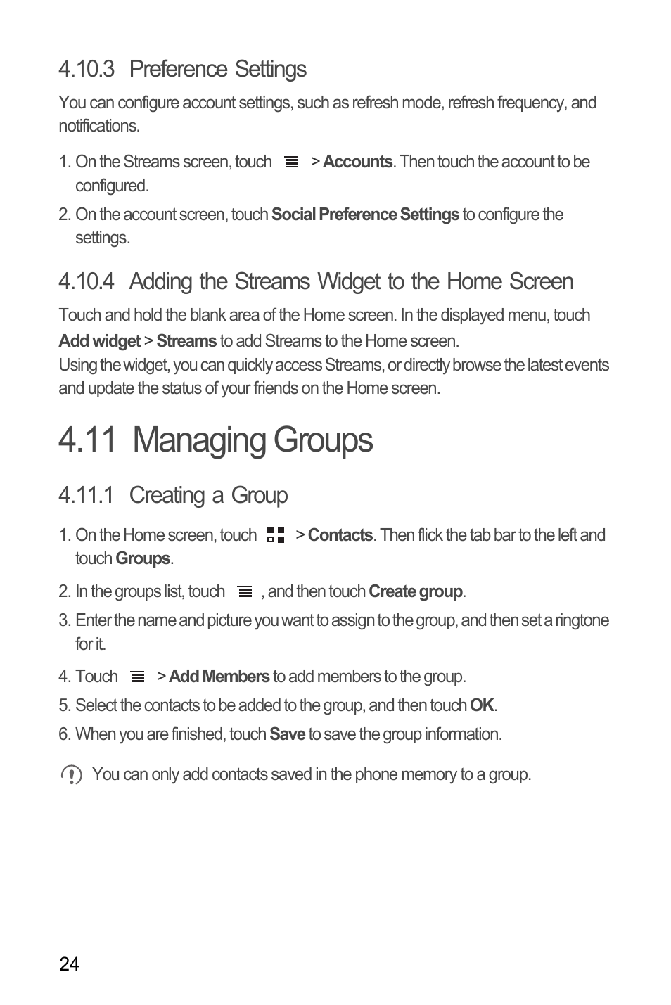 3 preference settings, 4 adding the streams widget to the home screen, 11 managing groups | 1 creating a group | Huawei Ascend Y100 User Manual | Page 28 / 75