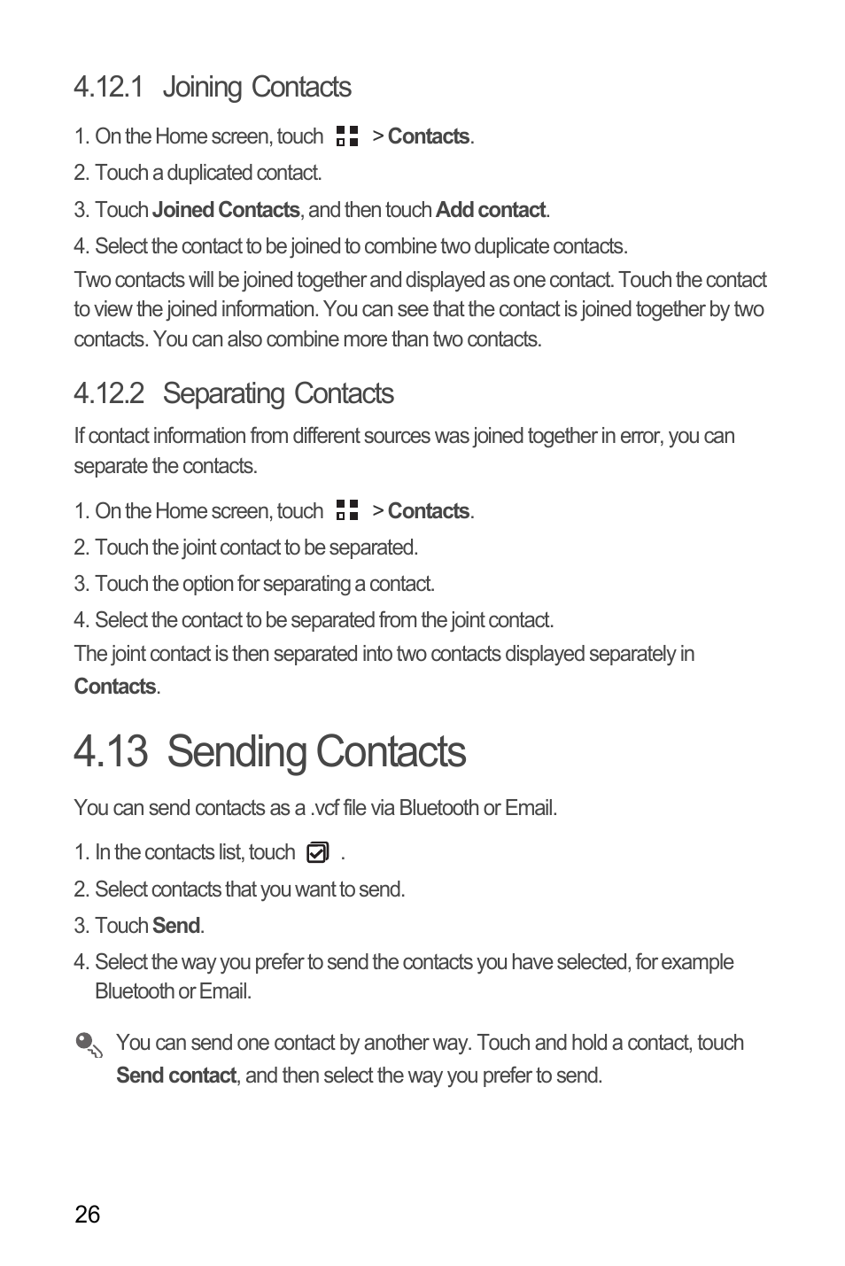 1 joining contacts, 2 separating contacts, 13 sending contacts | Huawei Ascend Y100 User Manual | Page 30 / 75