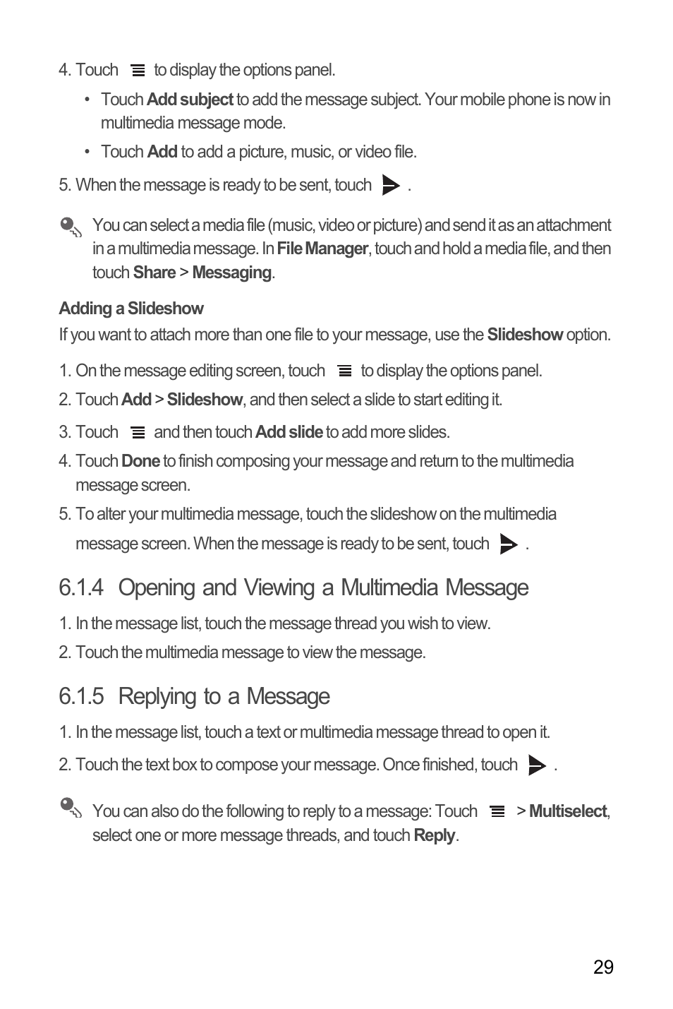 Adding a slideshow, 4 opening and viewing a multimedia message, 5 replying to a message | Huawei Ascend Y100 User Manual | Page 33 / 75