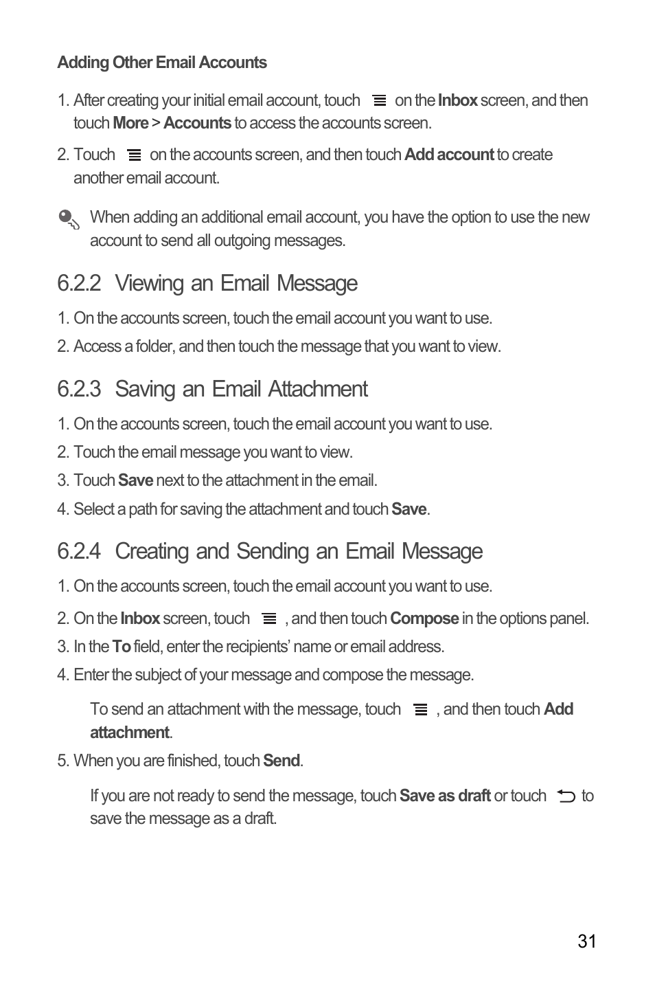 Adding other email accounts, 2 viewing an email message, 3 saving an email attachment | 4 creating and sending an email message | Huawei Ascend Y100 User Manual | Page 35 / 75