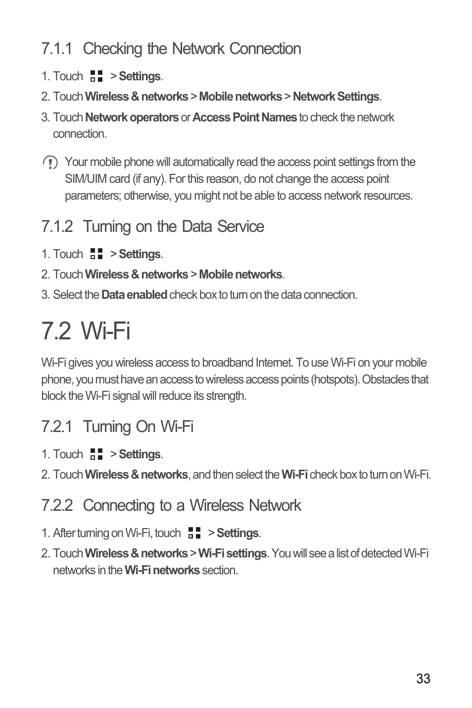1 checking the network connection, 2 turning on the data service, 2 wi-fi | 1 turning on wi-fi, 2 connecting to a wireless network | Huawei Ascend Y100 User Manual | Page 37 / 75