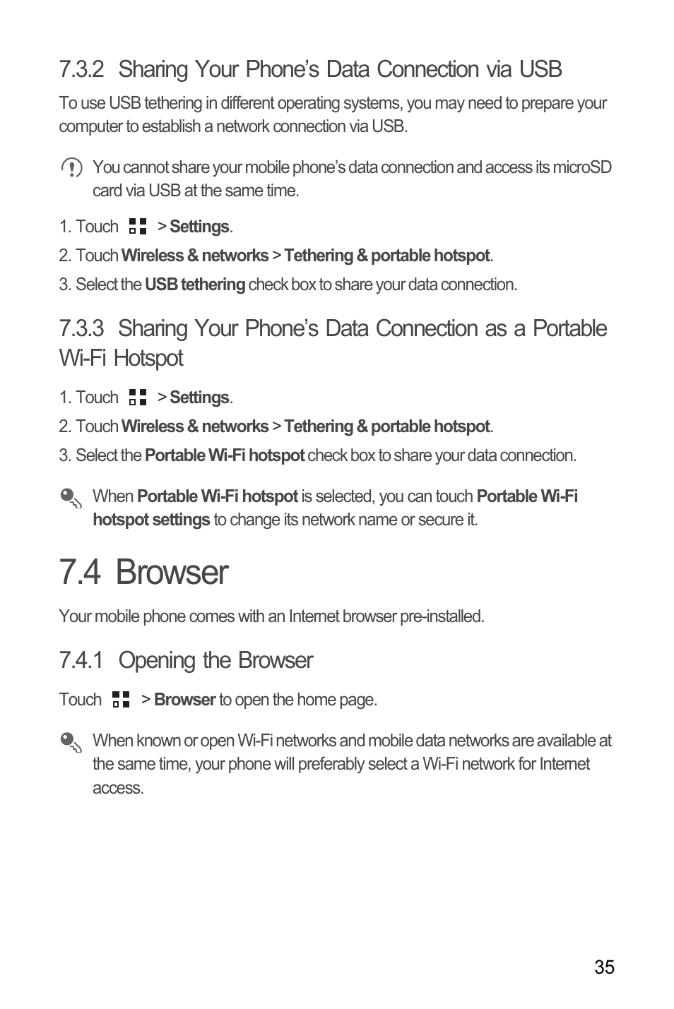 2 sharing your phone’s data connection via usb, 4 browser, 1 opening the browser | Huawei Ascend Y100 User Manual | Page 39 / 75