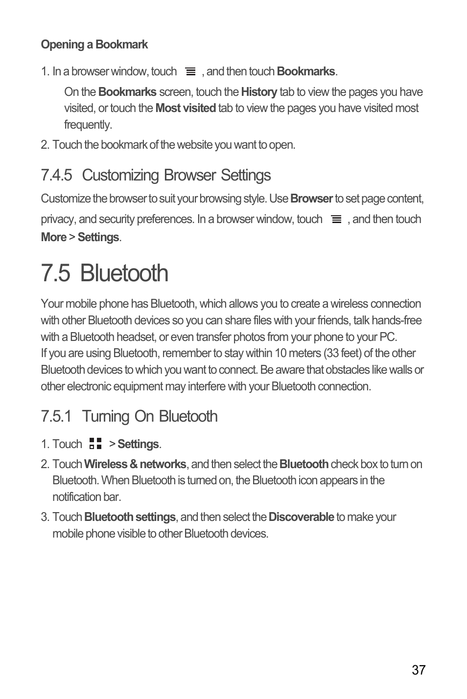 Opening a bookmark, 5 customizing browser settings, 5 bluetooth | 1 turning on bluetooth | Huawei Ascend Y100 User Manual | Page 41 / 75