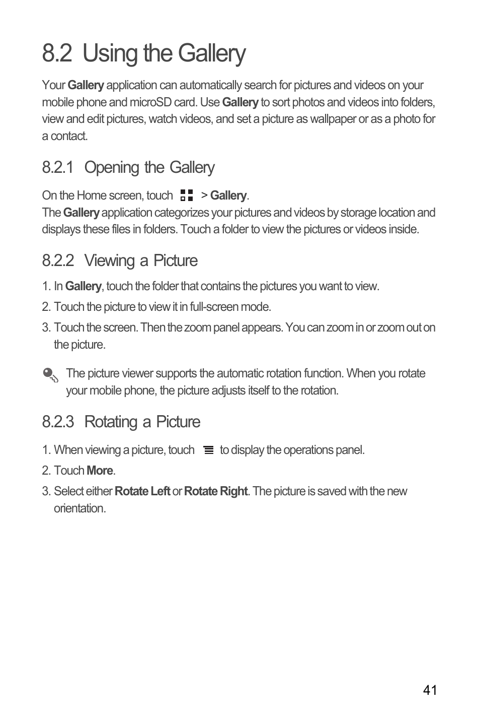 2 using the gallery, 1 opening the gallery, 2 viewing a picture | 3 rotating a picture | Huawei Ascend Y100 User Manual | Page 45 / 75