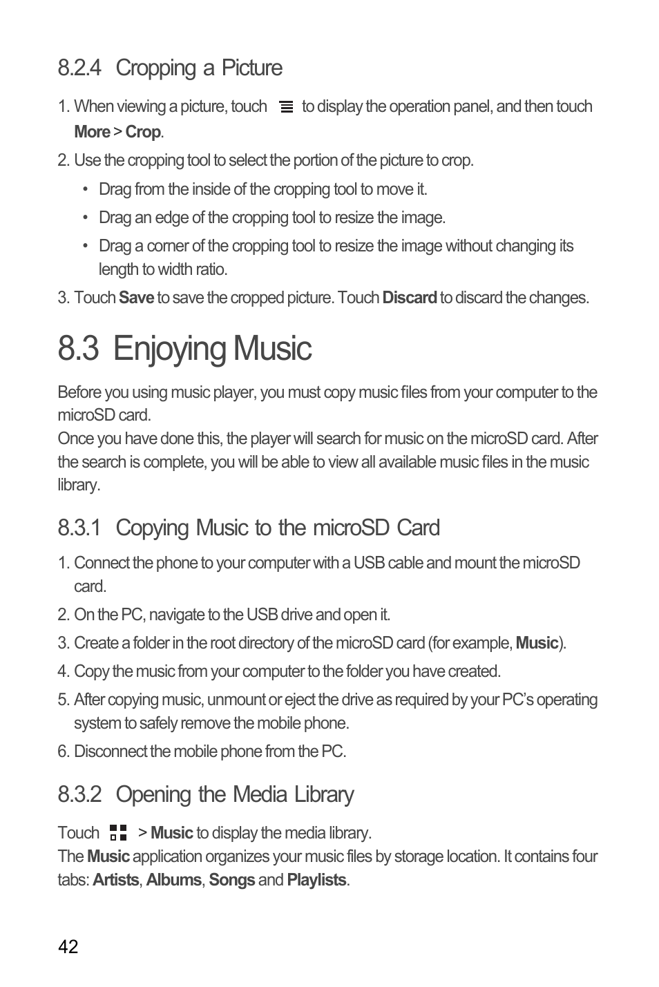 4 cropping a picture, 3 enjoying music, 1 copying music to the microsd card | 2 opening the media library | Huawei Ascend Y100 User Manual | Page 46 / 75