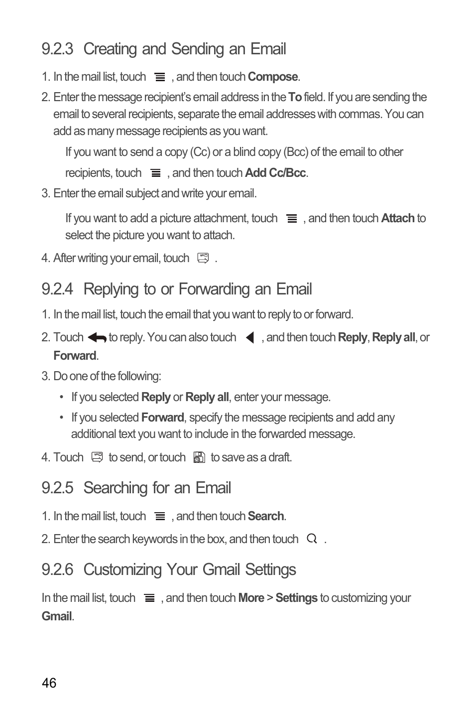 3 creating and sending an email, 4 replying to or forwarding an email, 5 searching for an email | 6 customizing your gmail settings | Huawei Ascend Y100 User Manual | Page 50 / 75