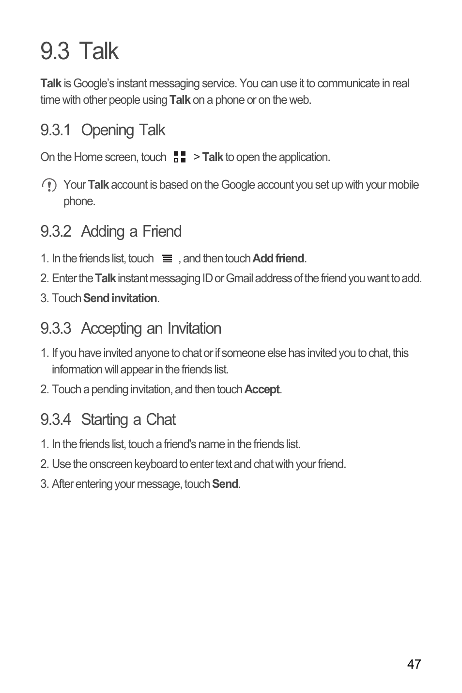 3 talk, 1 opening talk, 2 adding a friend | 3 accepting an invitation, 4 starting a chat | Huawei Ascend Y100 User Manual | Page 51 / 75