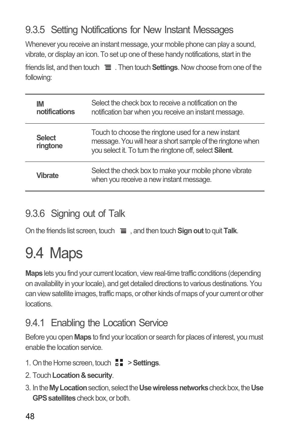 5 setting notifications for new instant messages, 6 signing out of talk, 4 maps | 1 enabling the location service | Huawei Ascend Y100 User Manual | Page 52 / 75