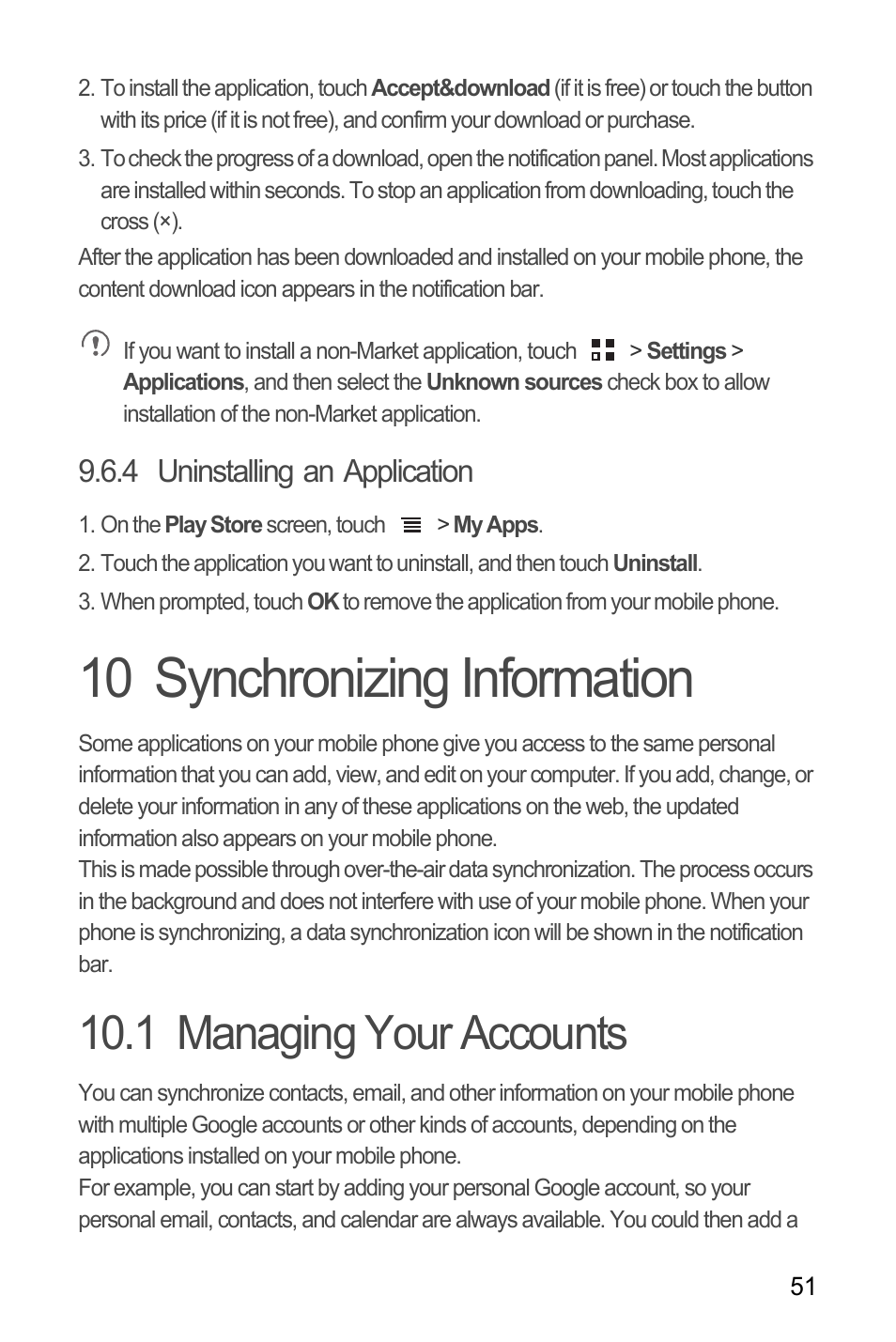 4 uninstalling an application, 10 synchronizing information, 1 managing your accounts | Huawei Ascend Y100 User Manual | Page 55 / 75