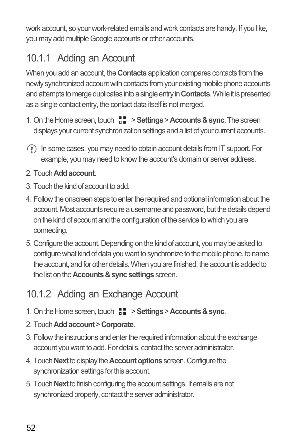 1 adding an account, 2 adding an exchange account | Huawei Ascend Y100 User Manual | Page 56 / 75