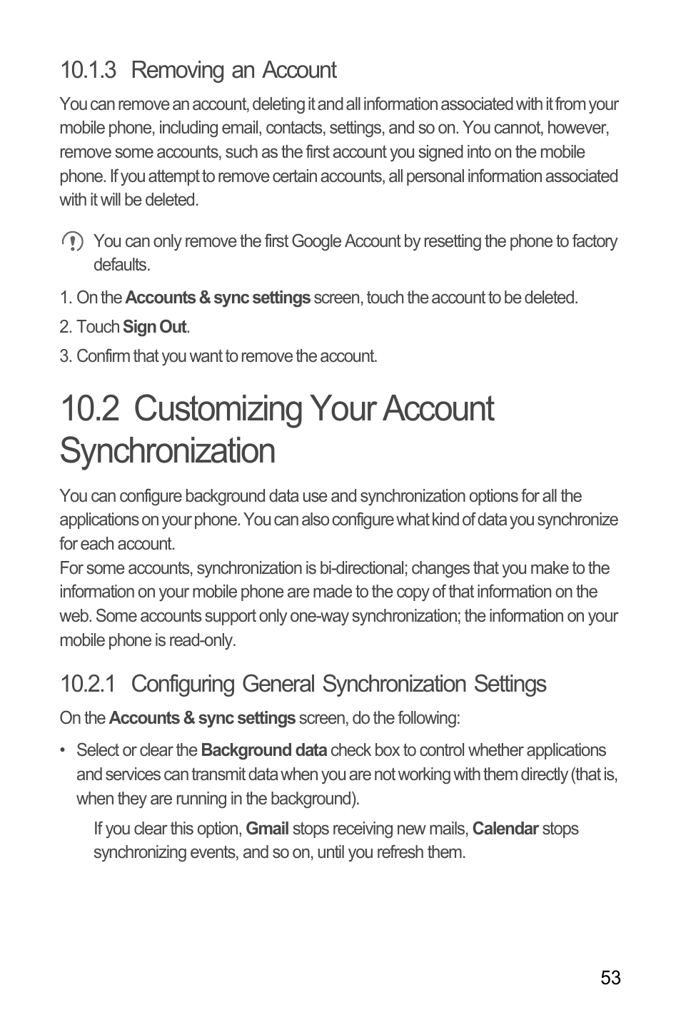 3 removing an account, 2 customizing your account synchronization, 1 configuring general synchronization settings | Huawei Ascend Y100 User Manual | Page 57 / 75