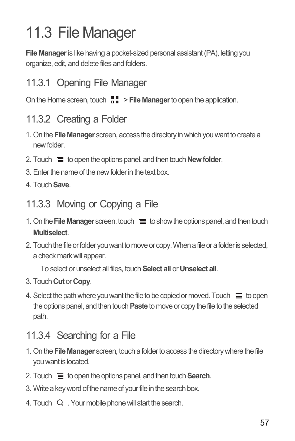 3 file manager, 1 opening file manager, 2 creating a folder | 3 moving or copying a file, 4 searching for a file | Huawei Ascend Y100 User Manual | Page 61 / 75