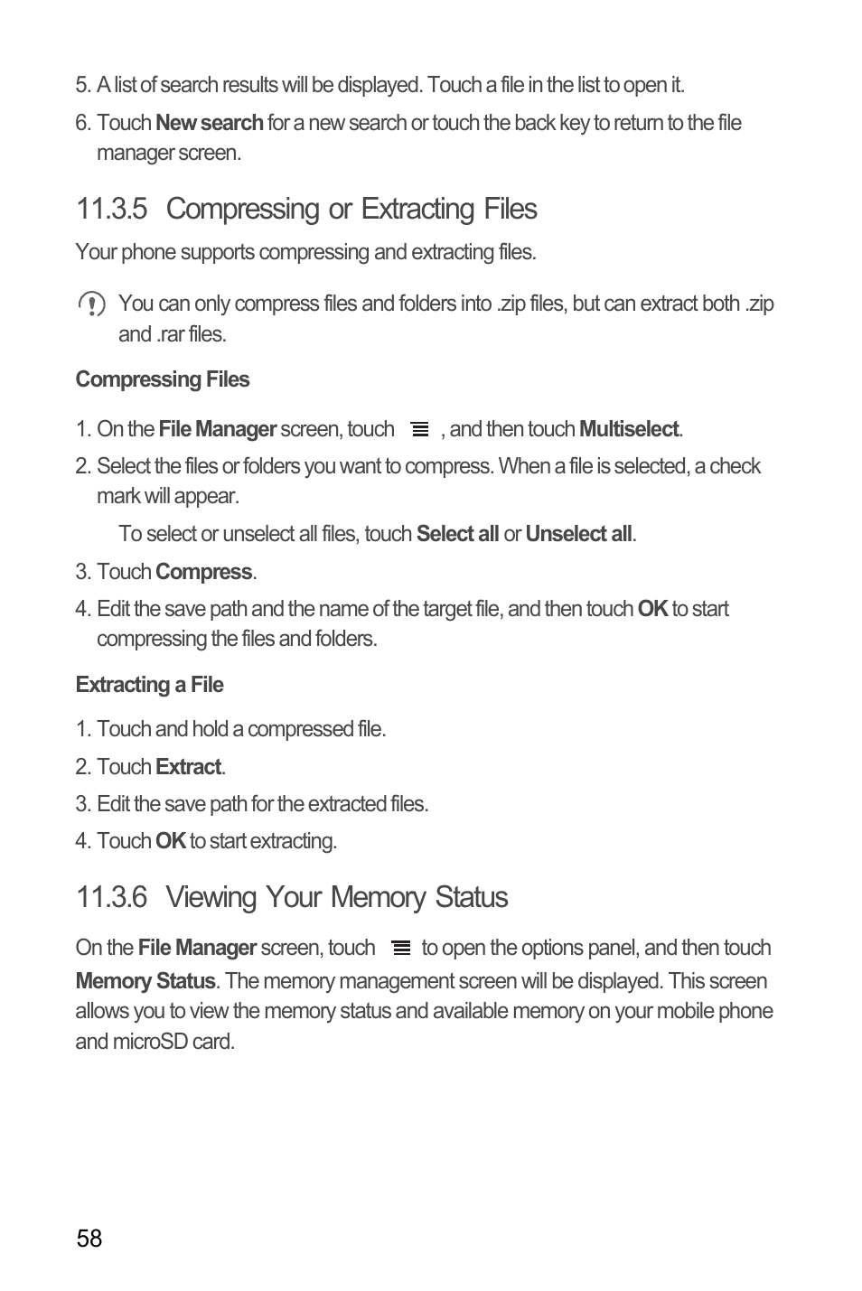 5 compressing or extracting files, Compressing files, Extracting a file | 6 viewing your memory status | Huawei Ascend Y100 User Manual | Page 62 / 75