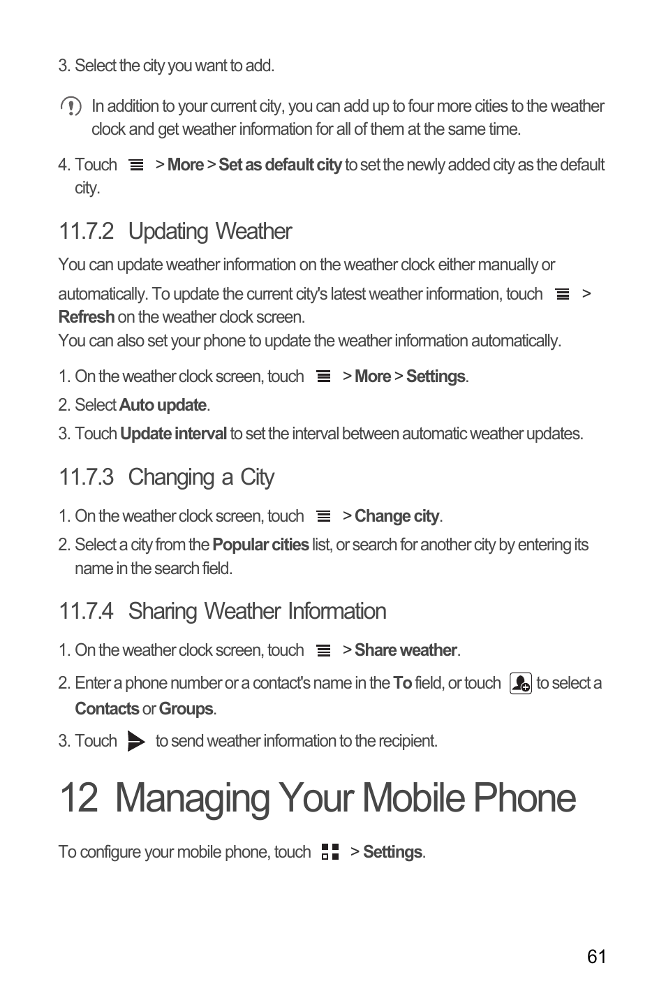 2 updating weather, 3 changing a city, 4 sharing weather information | 12 managing your mobile phone | Huawei Ascend Y100 User Manual | Page 65 / 75