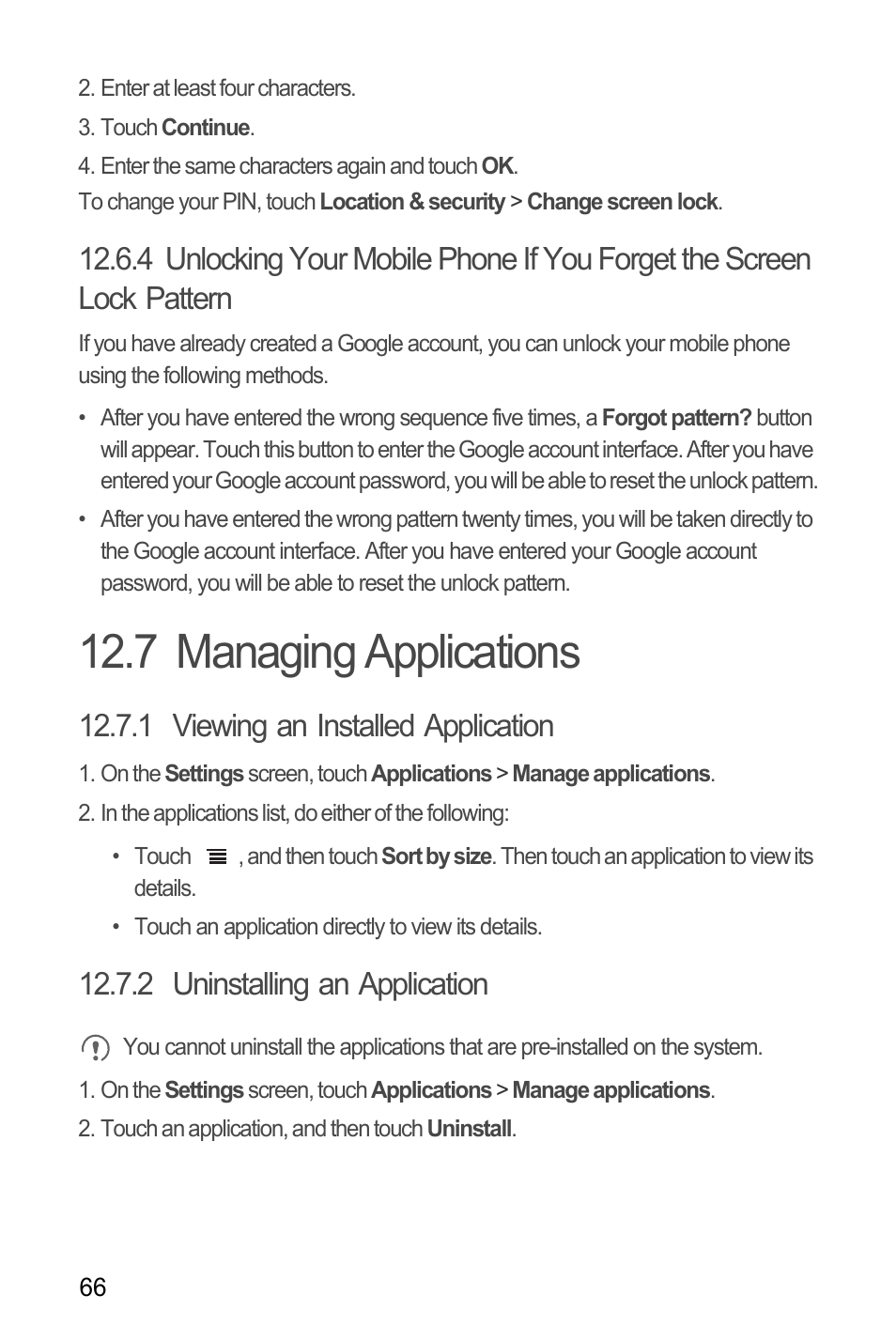 7 managing applications, 1 viewing an installed application, 2 uninstalling an application | Huawei Ascend Y100 User Manual | Page 70 / 75