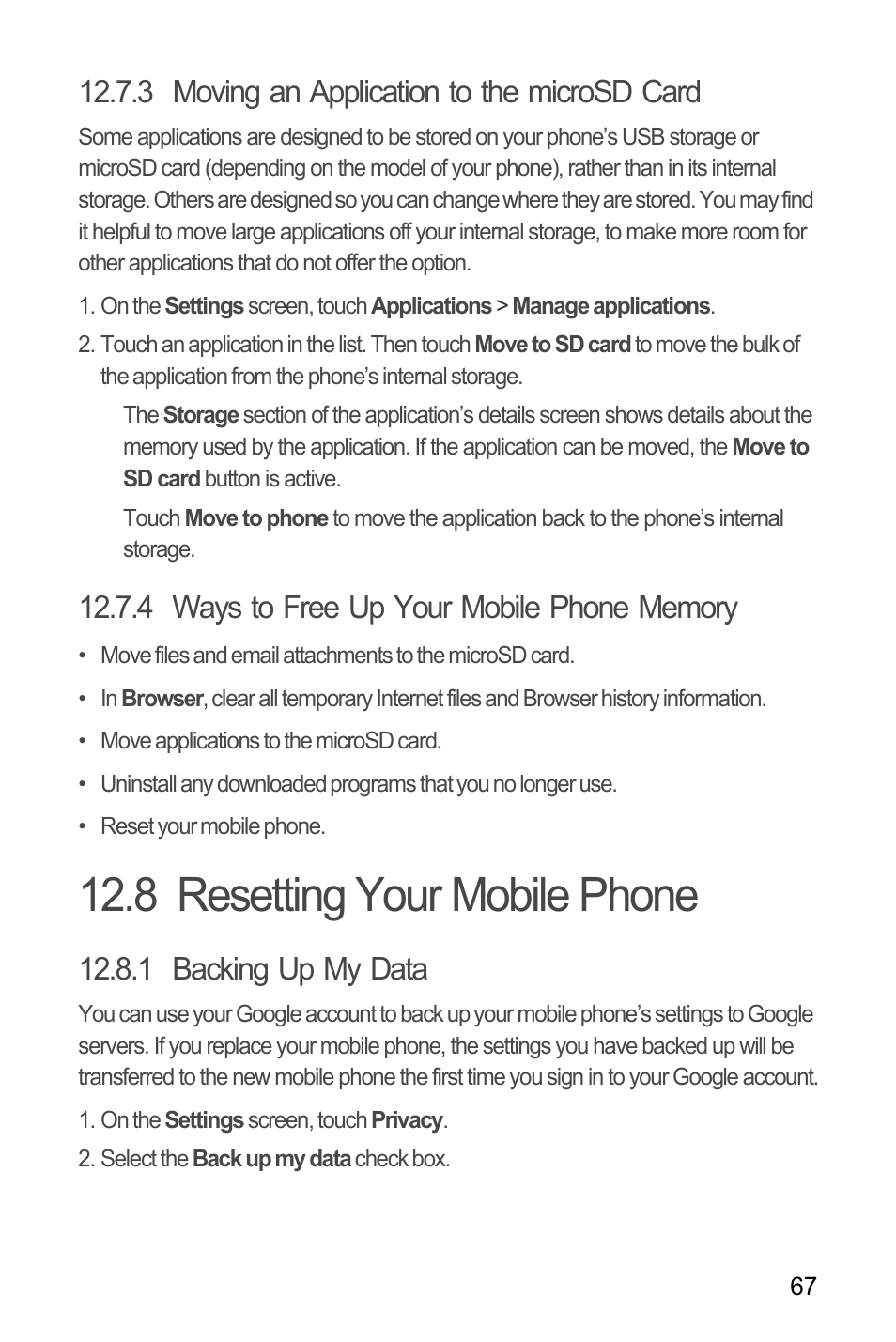 3 moving an application to the microsd card, 4 ways to free up your mobile phone memory, 8 resetting your mobile phone | 1 backing up my data | Huawei Ascend Y100 User Manual | Page 71 / 75