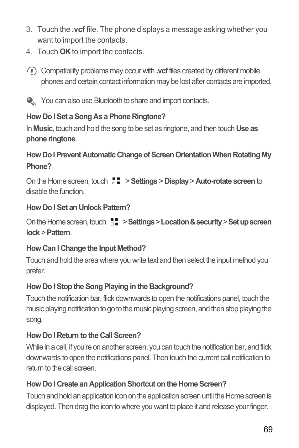 How do i set a song as a phone ringtone, How do i set an unlock pattern, How can i change the input method | How do i stop the song playing in the background, How do i return to the call screen | Huawei Ascend Y100 User Manual | Page 73 / 75